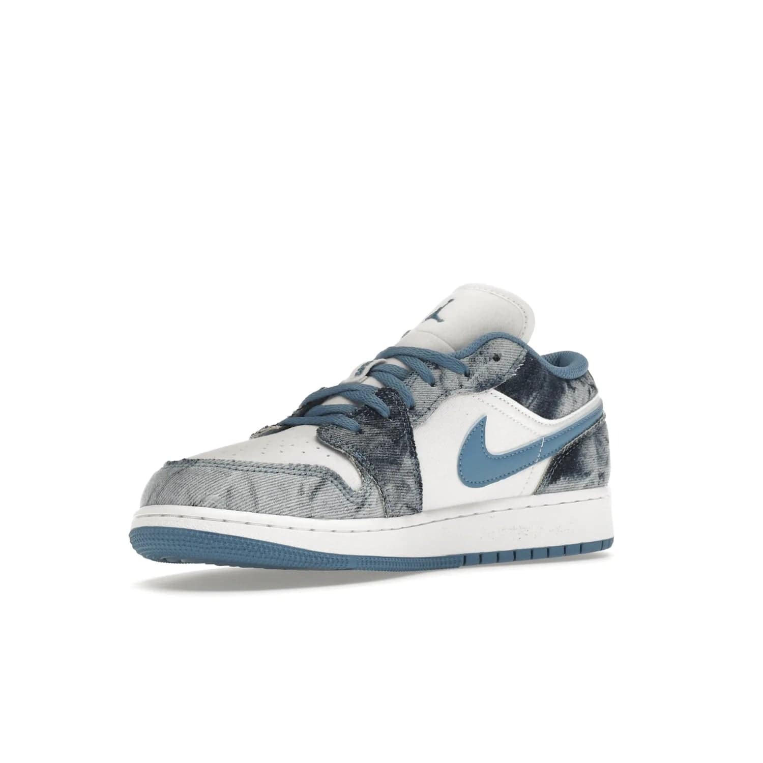 Jordan 1 Low Washed Denim (GS) - Image 15 - Only at www.BallersClubKickz.com - A classic Nike silhouette with a modern twist. The Air Jordan 1 Low Washed Denim (GS) for grade schoolers features a pattern of black, gray, blue, and white, blue laces, and a bright royal blue sole. Perfect for any sneaker collector.