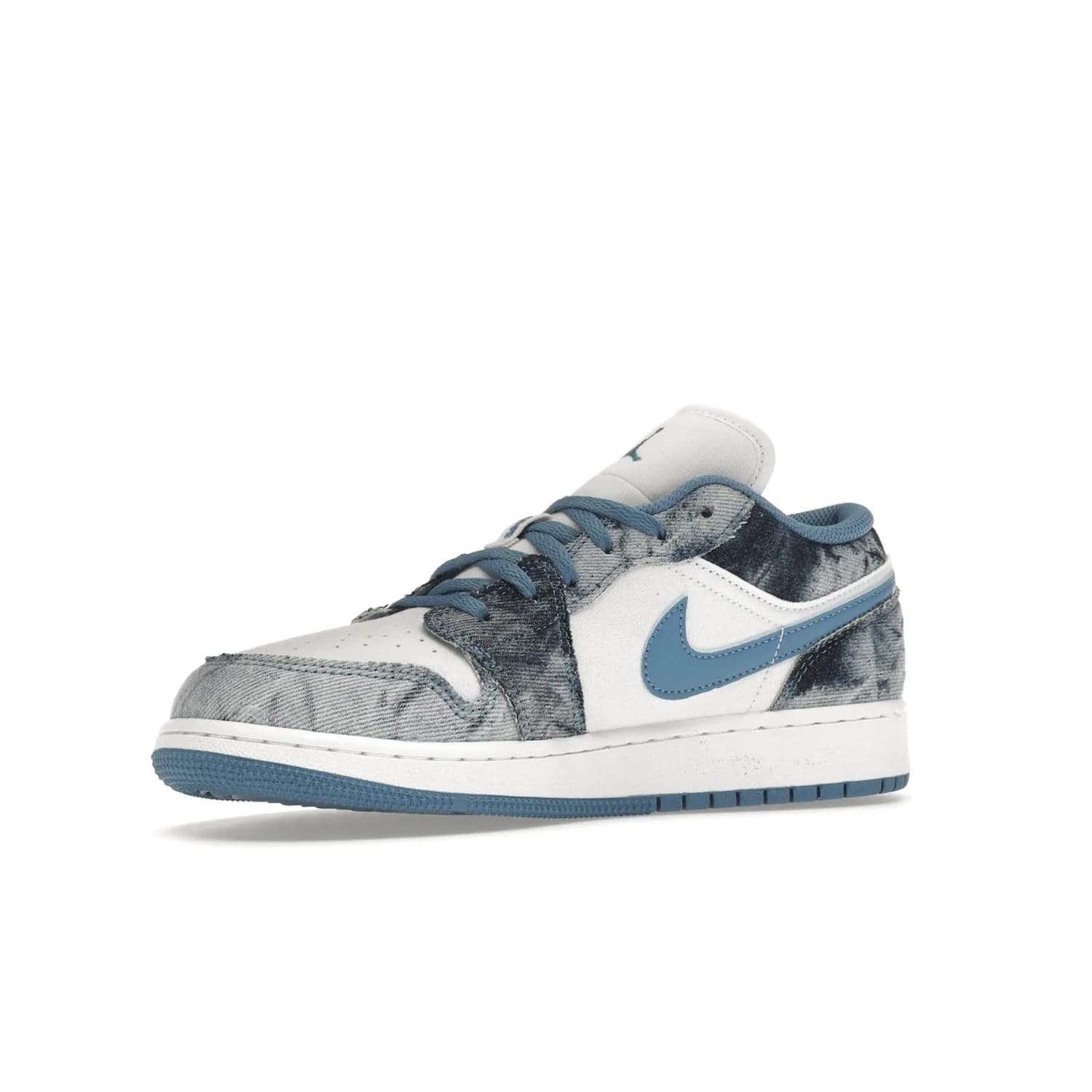 Jordan 1 Low Washed Denim (GS) - Image 16 - Only at www.BallersClubKickz.com - A classic Nike silhouette with a modern twist. The Air Jordan 1 Low Washed Denim (GS) for grade schoolers features a pattern of black, gray, blue, and white, blue laces, and a bright royal blue sole. Perfect for any sneaker collector.