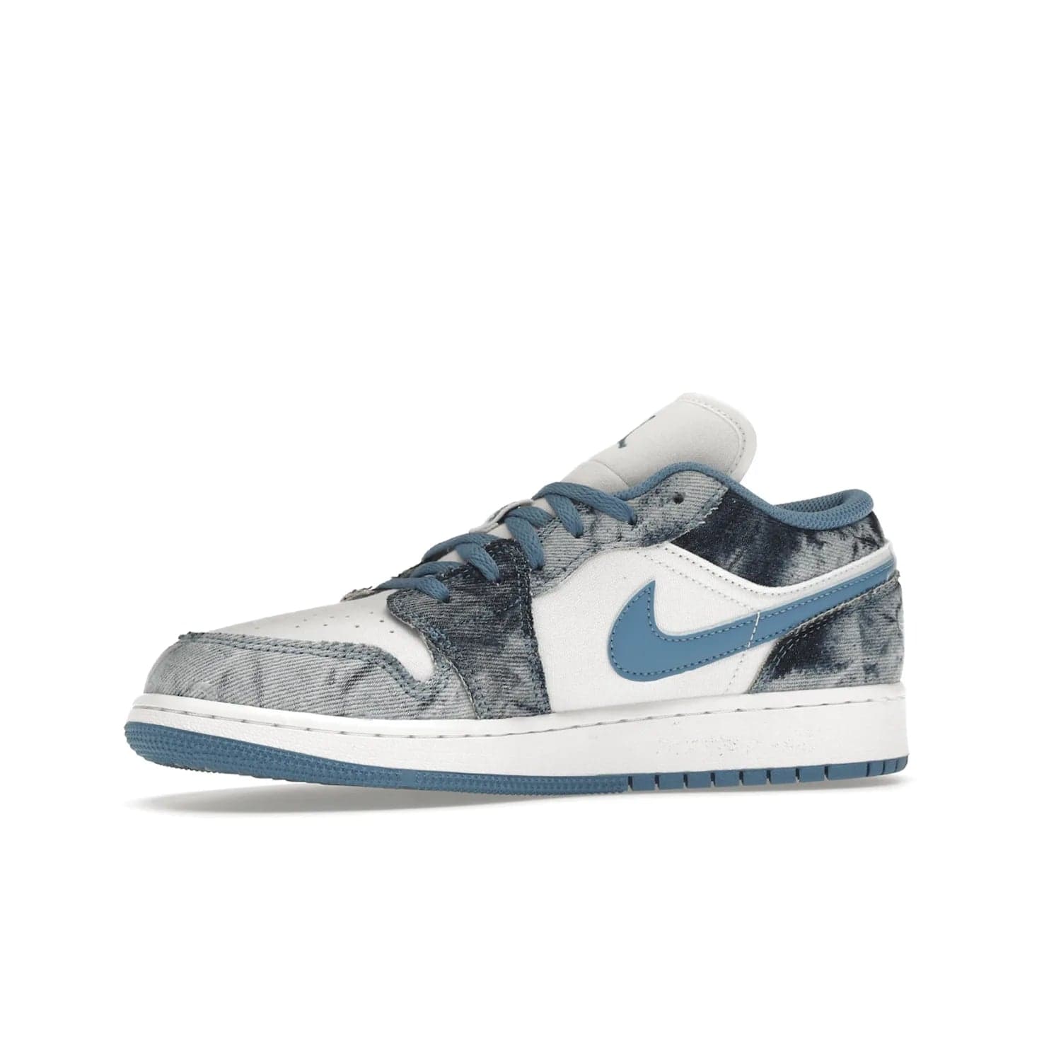 Jordan 1 Low Washed Denim (GS) - Image 17 - Only at www.BallersClubKickz.com - A classic Nike silhouette with a modern twist. The Air Jordan 1 Low Washed Denim (GS) for grade schoolers features a pattern of black, gray, blue, and white, blue laces, and a bright royal blue sole. Perfect for any sneaker collector.