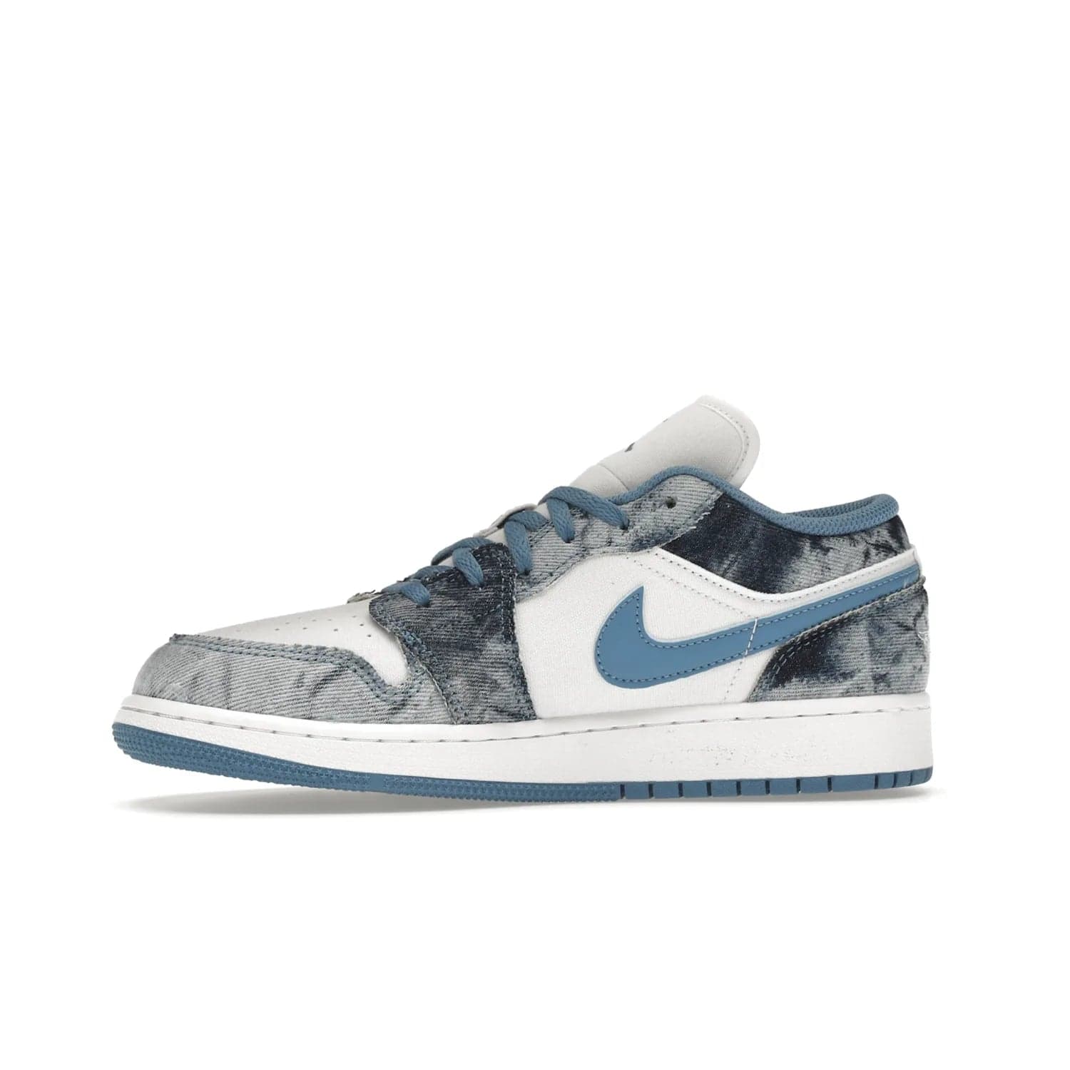 Jordan 1 Low Washed Denim (GS) - Image 18 - Only at www.BallersClubKickz.com - A classic Nike silhouette with a modern twist. The Air Jordan 1 Low Washed Denim (GS) for grade schoolers features a pattern of black, gray, blue, and white, blue laces, and a bright royal blue sole. Perfect for any sneaker collector.