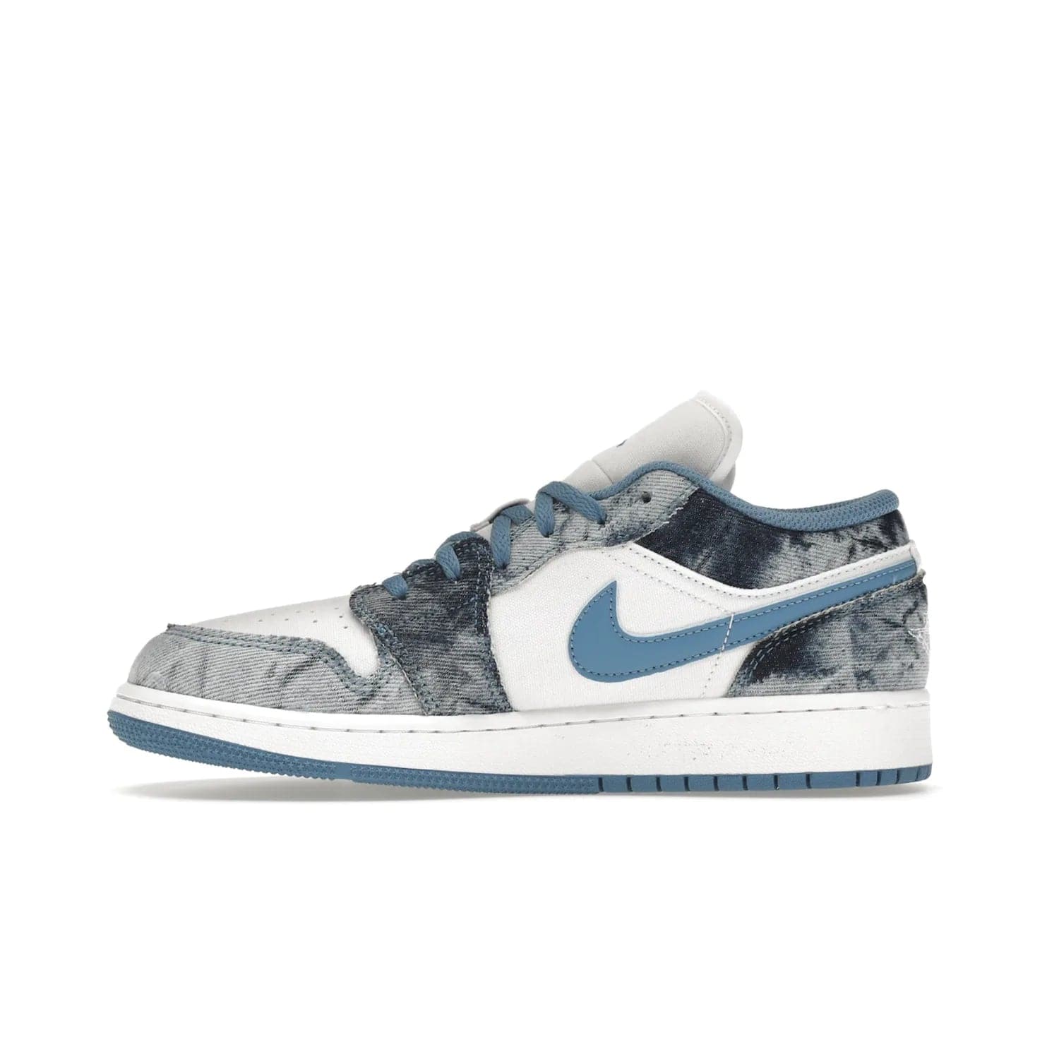 Jordan 1 Low Washed Denim (GS) - Image 19 - Only at www.BallersClubKickz.com - A classic Nike silhouette with a modern twist. The Air Jordan 1 Low Washed Denim (GS) for grade schoolers features a pattern of black, gray, blue, and white, blue laces, and a bright royal blue sole. Perfect for any sneaker collector.