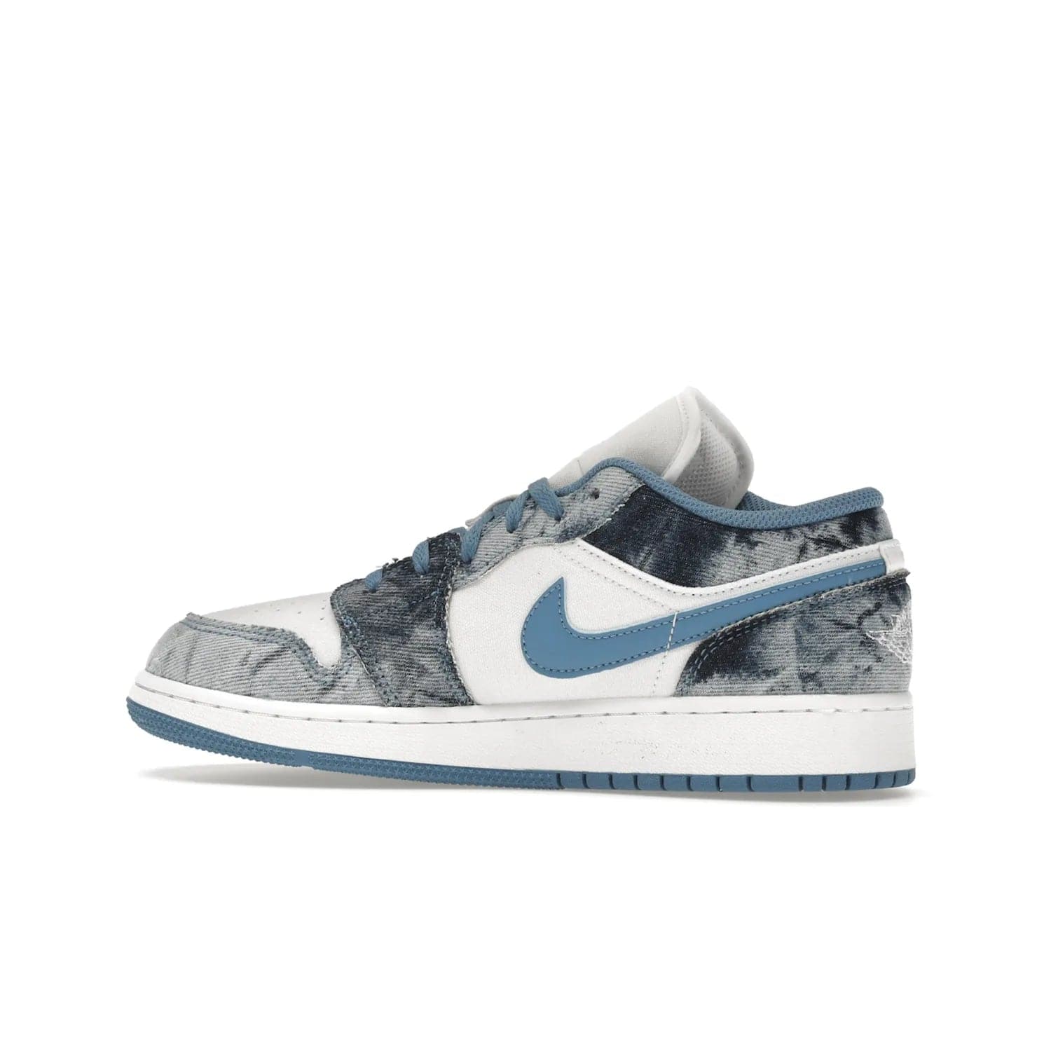 Jordan 1 Low Washed Denim (GS) - Image 21 - Only at www.BallersClubKickz.com - A classic Nike silhouette with a modern twist. The Air Jordan 1 Low Washed Denim (GS) for grade schoolers features a pattern of black, gray, blue, and white, blue laces, and a bright royal blue sole. Perfect for any sneaker collector.
