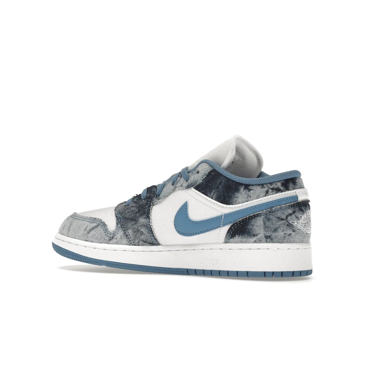 Jordan 1 Low Washed Denim (GS) - Image 22 - Only at www.BallersClubKickz.com - A classic Nike silhouette with a modern twist. The Air Jordan 1 Low Washed Denim (GS) for grade schoolers features a pattern of black, gray, blue, and white, blue laces, and a bright royal blue sole. Perfect for any sneaker collector.