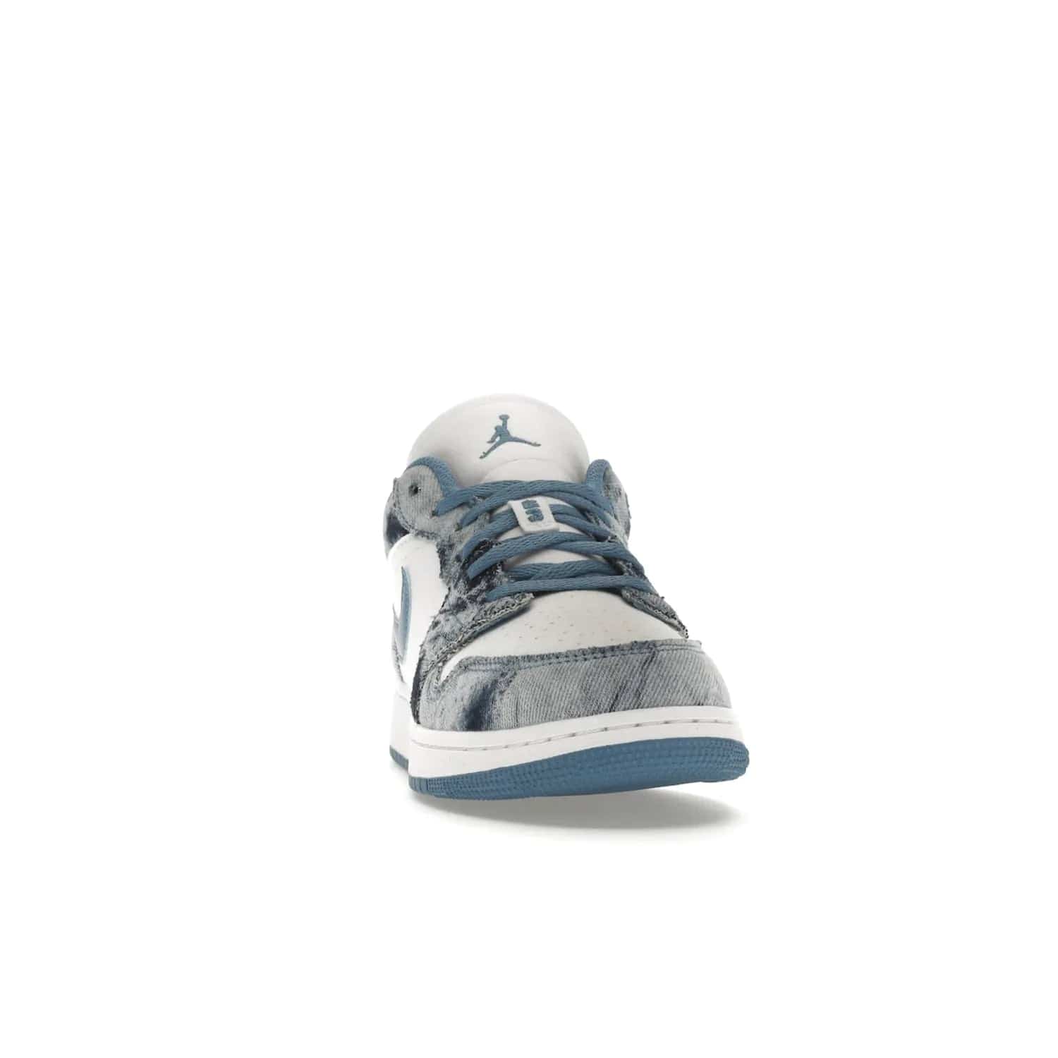 Jordan 1 Low Washed Denim (GS) - Image 9 - Only at www.BallersClubKickz.com - A classic Nike silhouette with a modern twist. The Air Jordan 1 Low Washed Denim (GS) for grade schoolers features a pattern of black, gray, blue, and white, blue laces, and a bright royal blue sole. Perfect for any sneaker collector.
