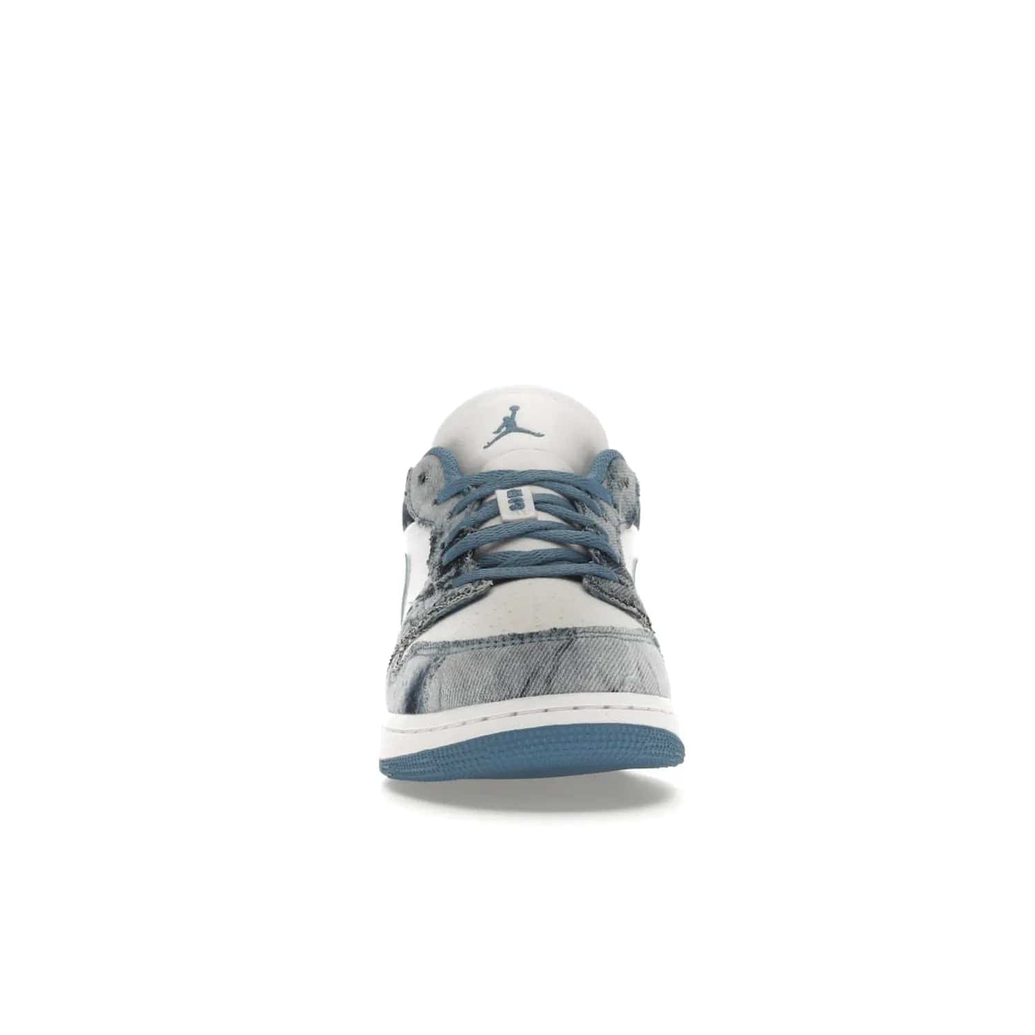Jordan 1 Low Washed Denim (GS) - Image 10 - Only at www.BallersClubKickz.com - A classic Nike silhouette with a modern twist. The Air Jordan 1 Low Washed Denim (GS) for grade schoolers features a pattern of black, gray, blue, and white, blue laces, and a bright royal blue sole. Perfect for any sneaker collector.