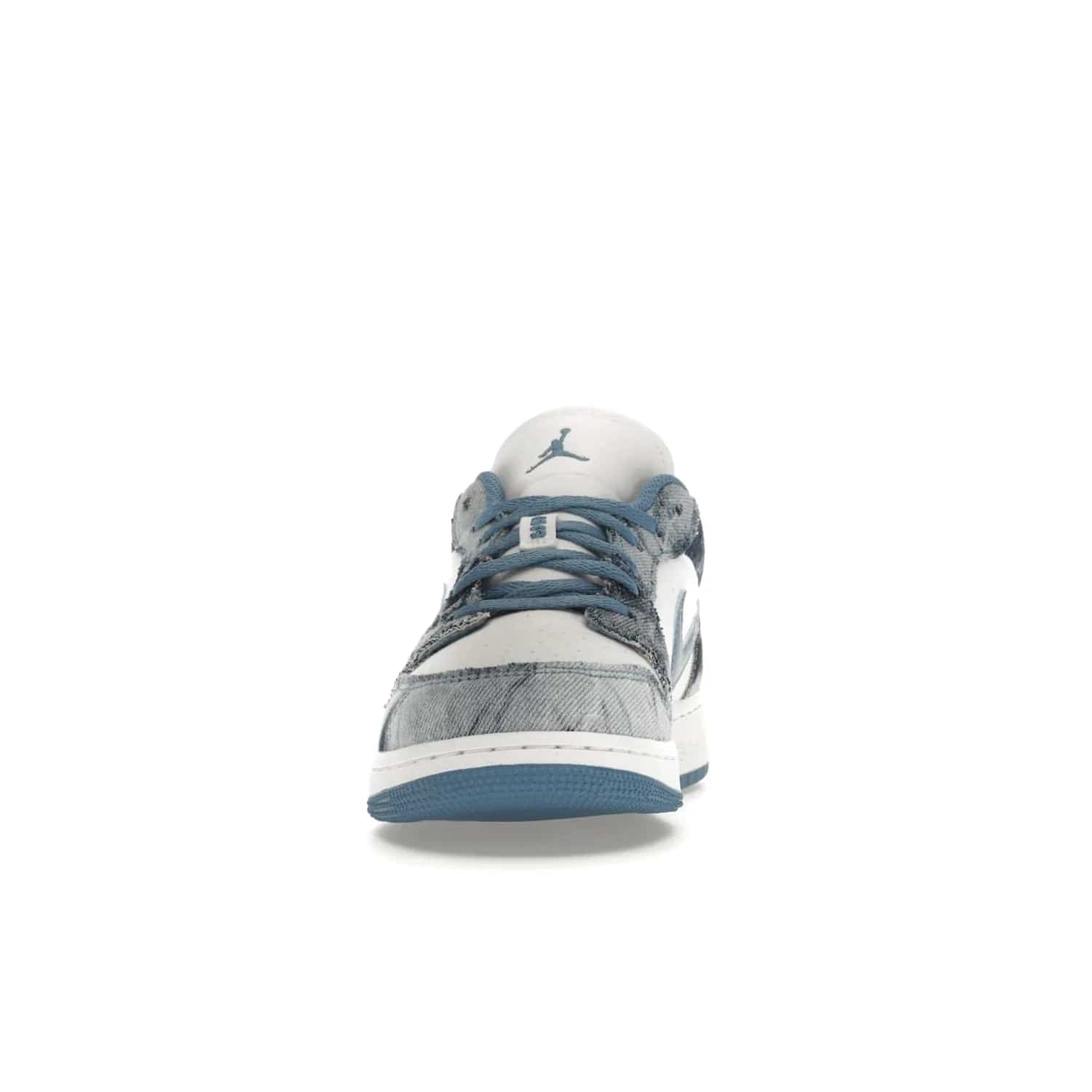 Jordan 1 Low Washed Denim (GS) - Image 11 - Only at www.BallersClubKickz.com - A classic Nike silhouette with a modern twist. The Air Jordan 1 Low Washed Denim (GS) for grade schoolers features a pattern of black, gray, blue, and white, blue laces, and a bright royal blue sole. Perfect for any sneaker collector.