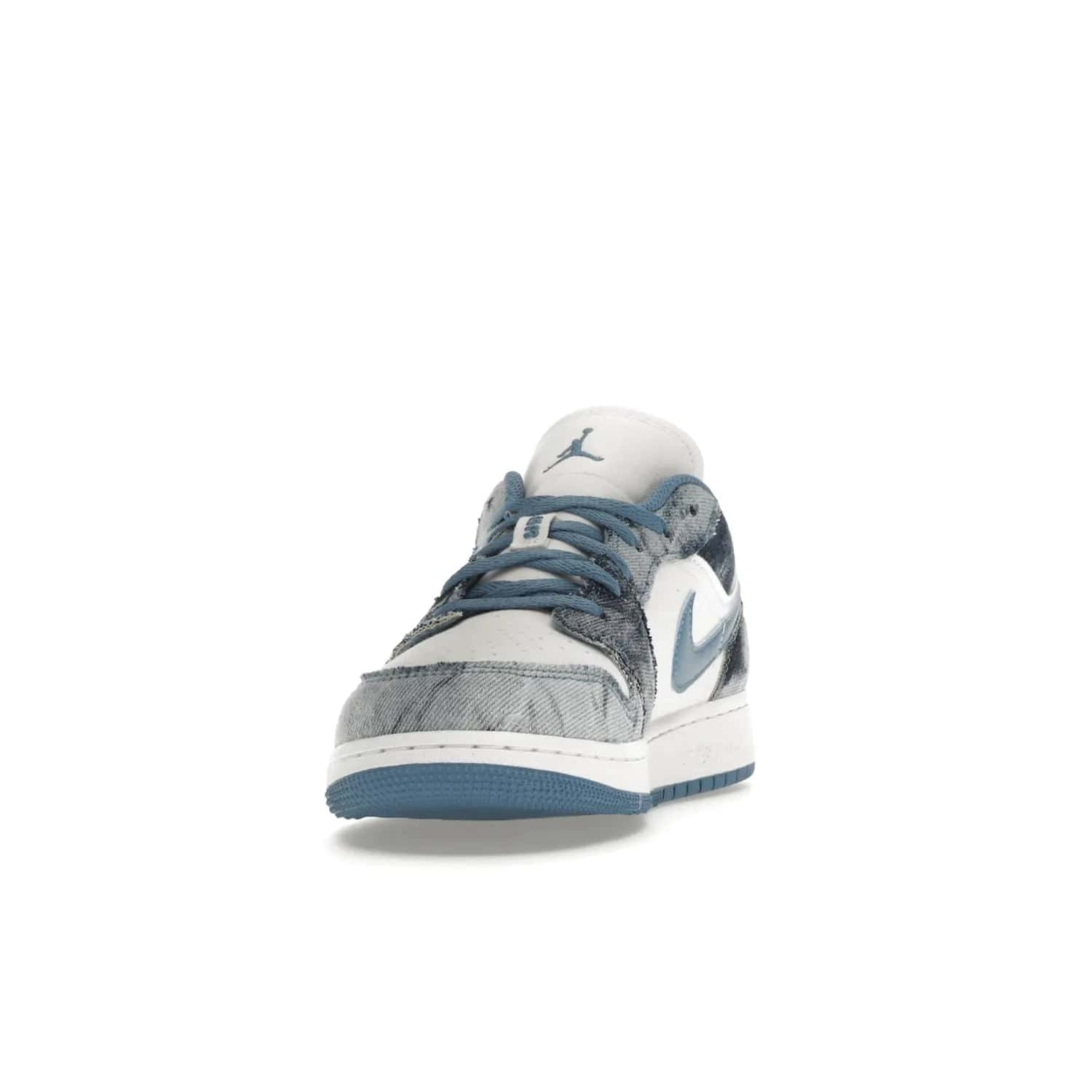 Jordan 1 Low Washed Denim (GS) - Image 12 - Only at www.BallersClubKickz.com - A classic Nike silhouette with a modern twist. The Air Jordan 1 Low Washed Denim (GS) for grade schoolers features a pattern of black, gray, blue, and white, blue laces, and a bright royal blue sole. Perfect for any sneaker collector.