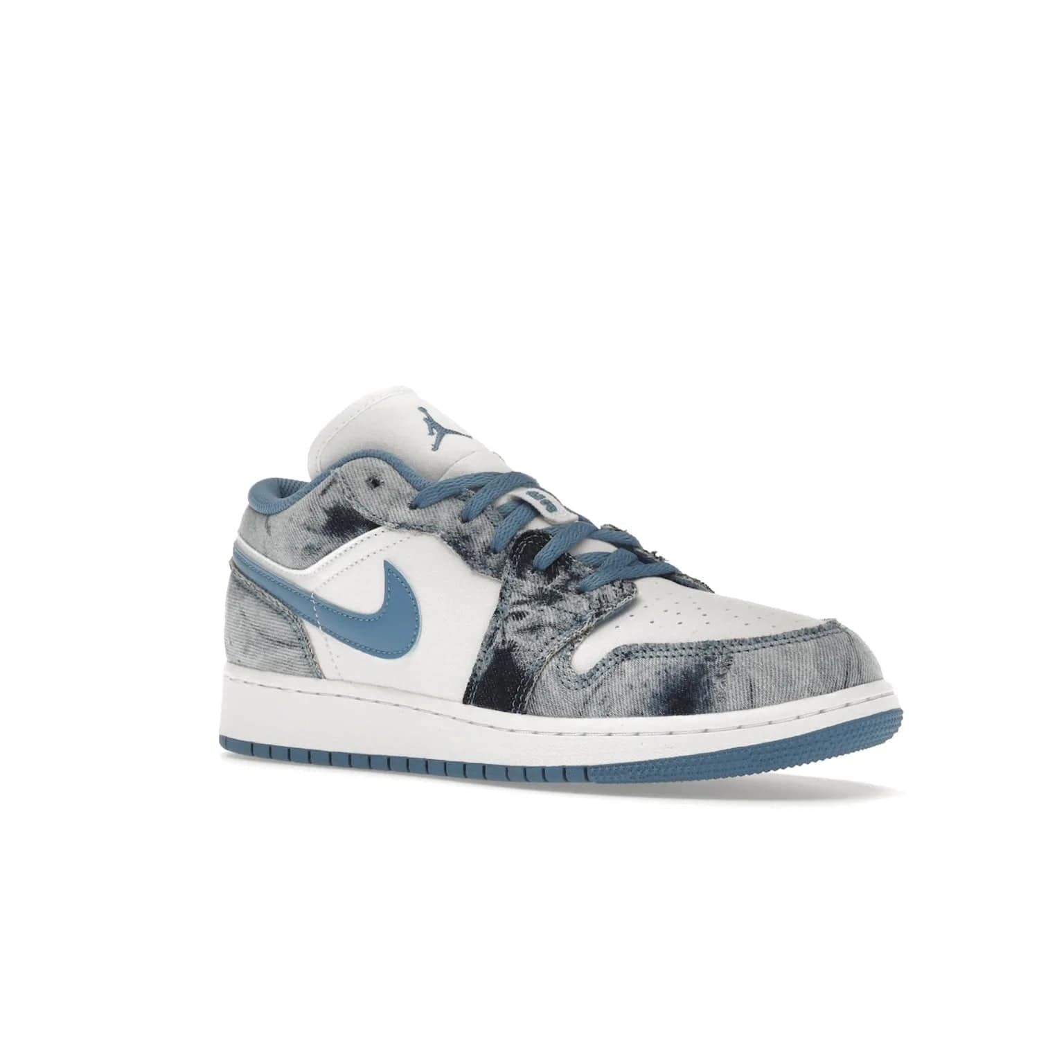 Jordan 1 Low Washed Denim (GS) - Image 5 - Only at www.BallersClubKickz.com - A classic Nike silhouette with a modern twist. The Air Jordan 1 Low Washed Denim (GS) for grade schoolers features a pattern of black, gray, blue, and white, blue laces, and a bright royal blue sole. Perfect for any sneaker collector.
