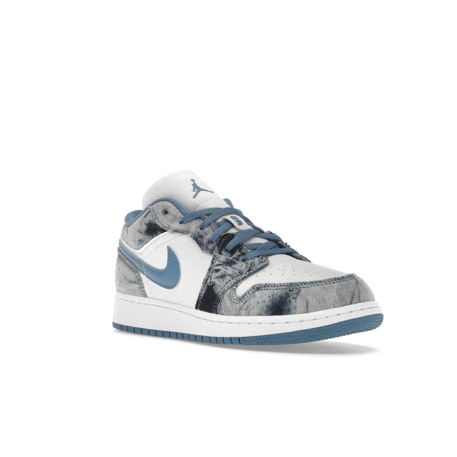 Jordan 1 Low Washed Denim (GS) - Image 6 - Only at www.BallersClubKickz.com - A classic Nike silhouette with a modern twist. The Air Jordan 1 Low Washed Denim (GS) for grade schoolers features a pattern of black, gray, blue, and white, blue laces, and a bright royal blue sole. Perfect for any sneaker collector.