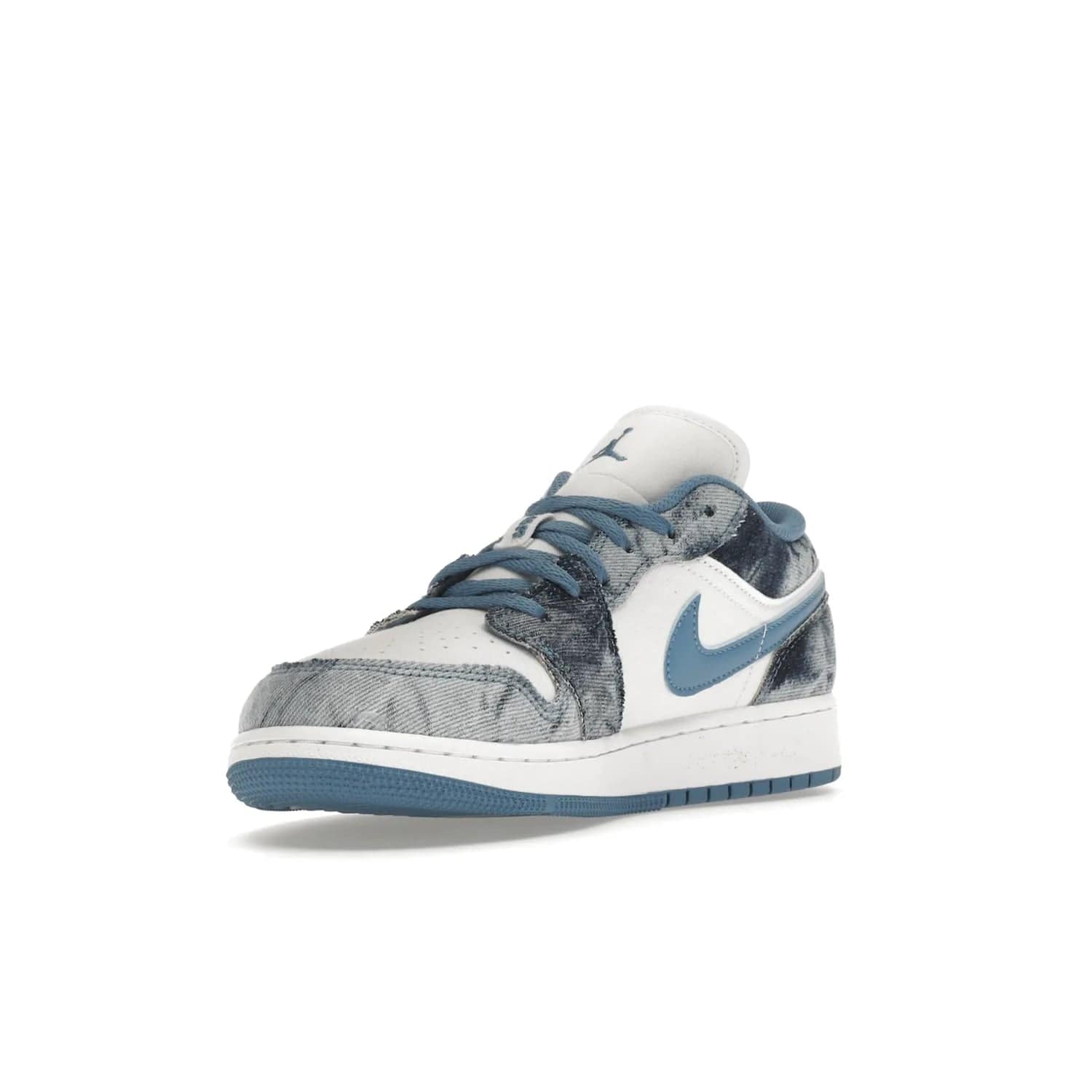 Jordan 1 Low Washed Denim (GS) - Image 14 - Only at www.BallersClubKickz.com - A classic Nike silhouette with a modern twist. The Air Jordan 1 Low Washed Denim (GS) for grade schoolers features a pattern of black, gray, blue, and white, blue laces, and a bright royal blue sole. Perfect for any sneaker collector.