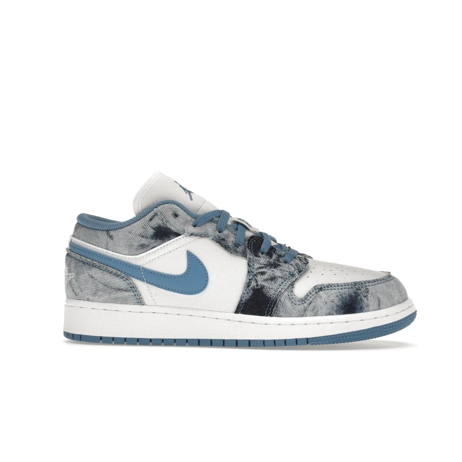 Jordan 1 Low Washed Denim (GS) - Image 2 - Only at www.BallersClubKickz.com - A classic Nike silhouette with a modern twist. The Air Jordan 1 Low Washed Denim (GS) for grade schoolers features a pattern of black, gray, blue, and white, blue laces, and a bright royal blue sole. Perfect for any sneaker collector.