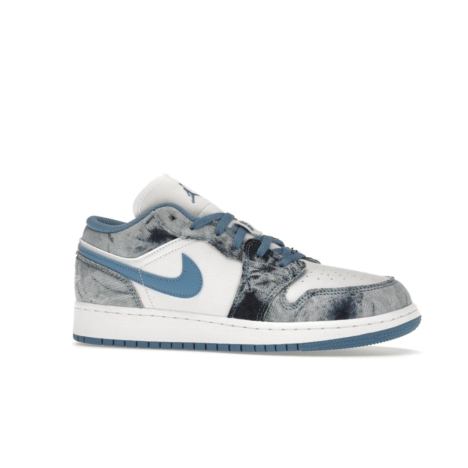 Jordan 1 Low Washed Denim (GS) - Image 3 - Only at www.BallersClubKickz.com - A classic Nike silhouette with a modern twist. The Air Jordan 1 Low Washed Denim (GS) for grade schoolers features a pattern of black, gray, blue, and white, blue laces, and a bright royal blue sole. Perfect for any sneaker collector.