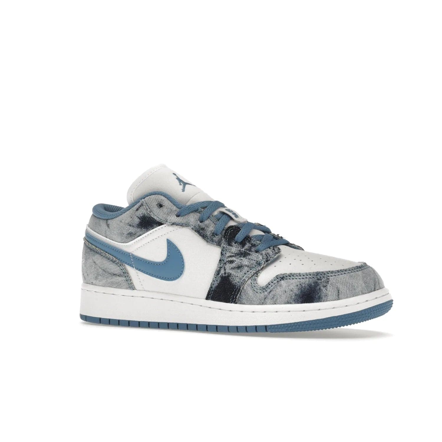 Jordan 1 Low Washed Denim (GS) - Image 4 - Only at www.BallersClubKickz.com - A classic Nike silhouette with a modern twist. The Air Jordan 1 Low Washed Denim (GS) for grade schoolers features a pattern of black, gray, blue, and white, blue laces, and a bright royal blue sole. Perfect for any sneaker collector.