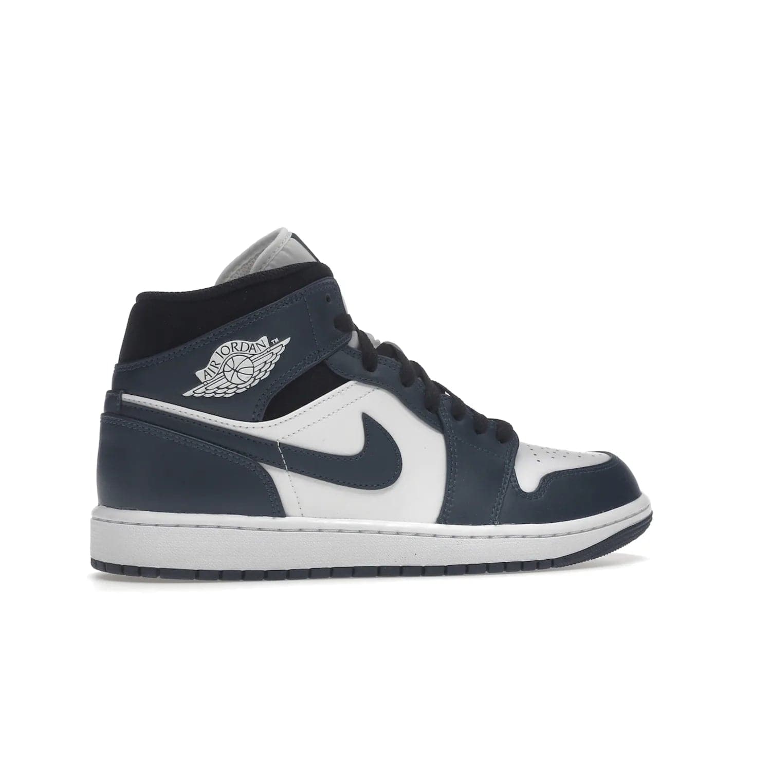 Jordan 1 Mid Armory Navy - Image 35 - Only at www.BallersClubKickz.com - The Jordan 1 Mid Armory Navy: classic basketball sneaker with soft white leather upper, deep navy blue overlays, and black leather ankle detailing. Iconic style with Jordan Wings logo and Jumpman label.