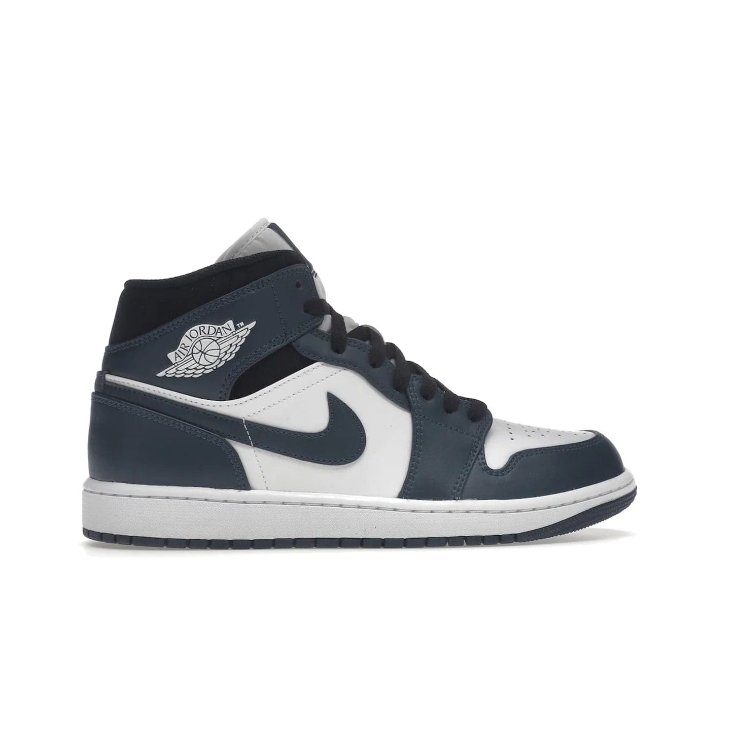 Jordan 1 Mid Armory Navy - Image 36 - Only at www.BallersClubKickz.com - The Jordan 1 Mid Armory Navy: classic basketball sneaker with soft white leather upper, deep navy blue overlays, and black leather ankle detailing. Iconic style with Jordan Wings logo and Jumpman label.