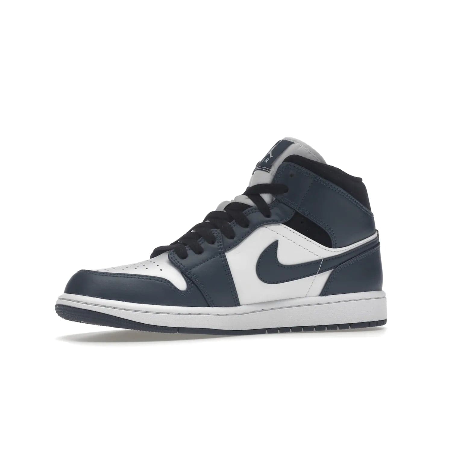 Jordan 1 Mid Armory Navy - Image 17 - Only at www.BallersClubKickz.com - The Jordan 1 Mid Armory Navy: classic basketball sneaker with soft white leather upper, deep navy blue overlays, and black leather ankle detailing. Iconic style with Jordan Wings logo and Jumpman label.