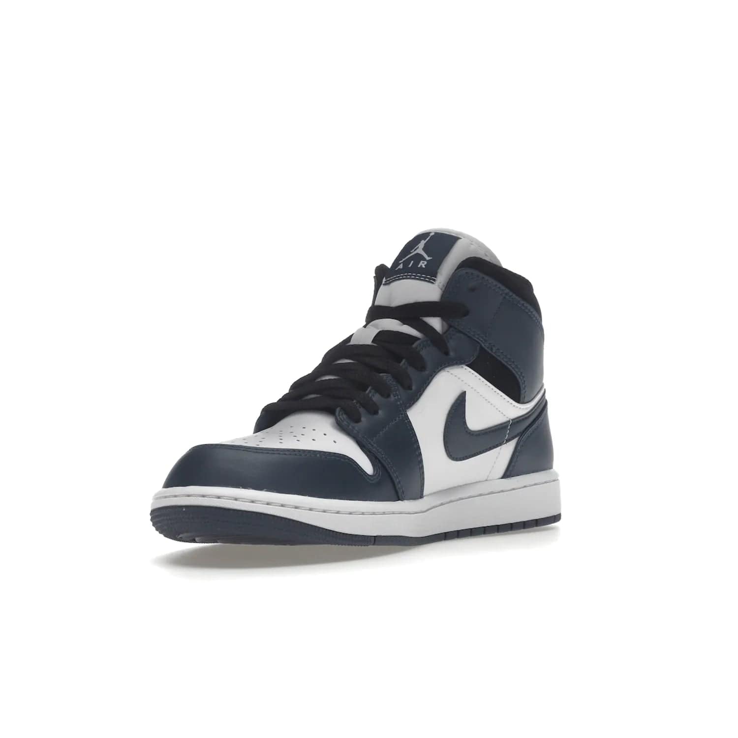Jordan 1 Mid Armory Navy - Image 14 - Only at www.BallersClubKickz.com - The Jordan 1 Mid Armory Navy: classic basketball sneaker with soft white leather upper, deep navy blue overlays, and black leather ankle detailing. Iconic style with Jordan Wings logo and Jumpman label.