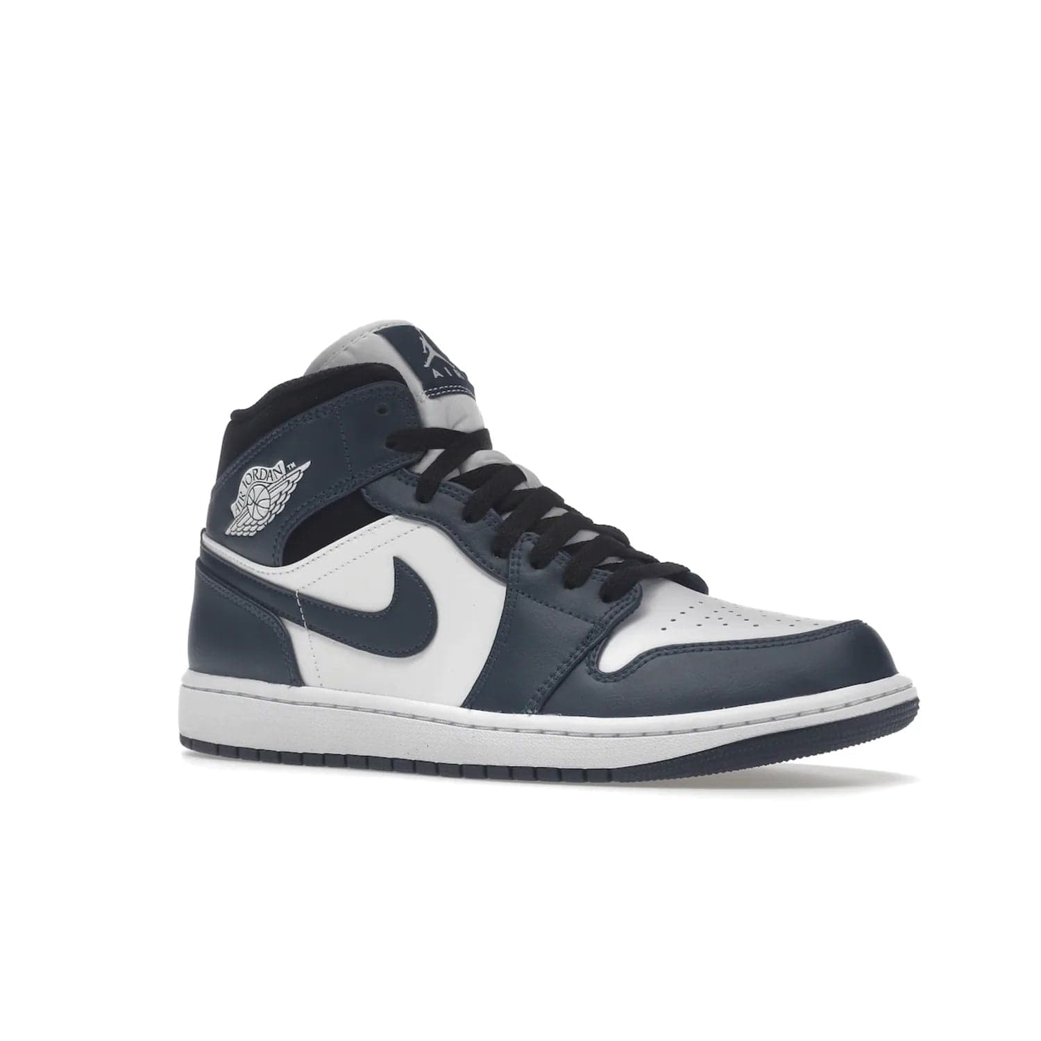 Jordan 1 Mid Armory Navy - Image 4 - Only at www.BallersClubKickz.com - The Jordan 1 Mid Armory Navy: classic basketball sneaker with soft white leather upper, deep navy blue overlays, and black leather ankle detailing. Iconic style with Jordan Wings logo and Jumpman label.