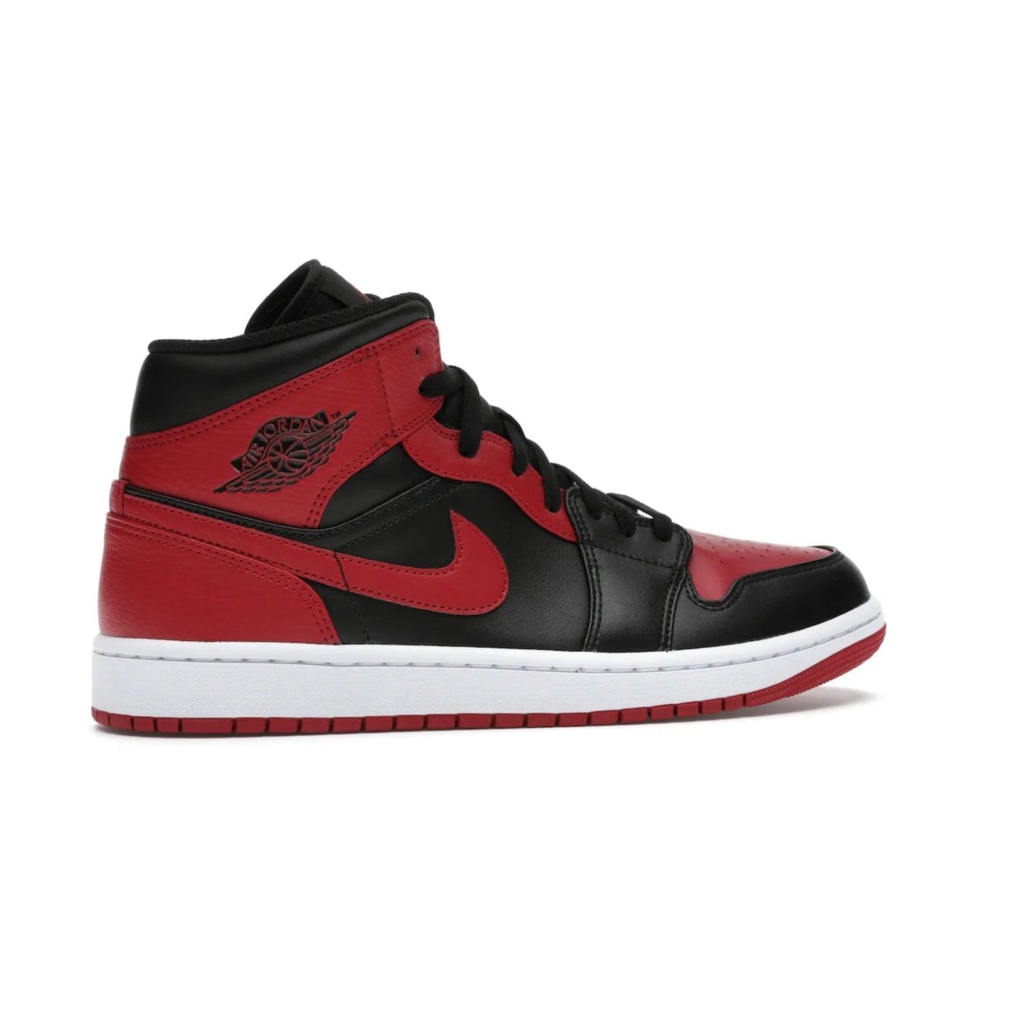 Jordan 1 Mid Banned (2020) - Image 35 - Only at www.BallersClubKickz.com - The Air Jordan 1 Mid Banned (2020) brings a modern twist to the classic Banned colorway. Features full-grain black and red leather uppers, red leather around the toe, collar, heel, & Swoosh. Release November 2021 for $110.