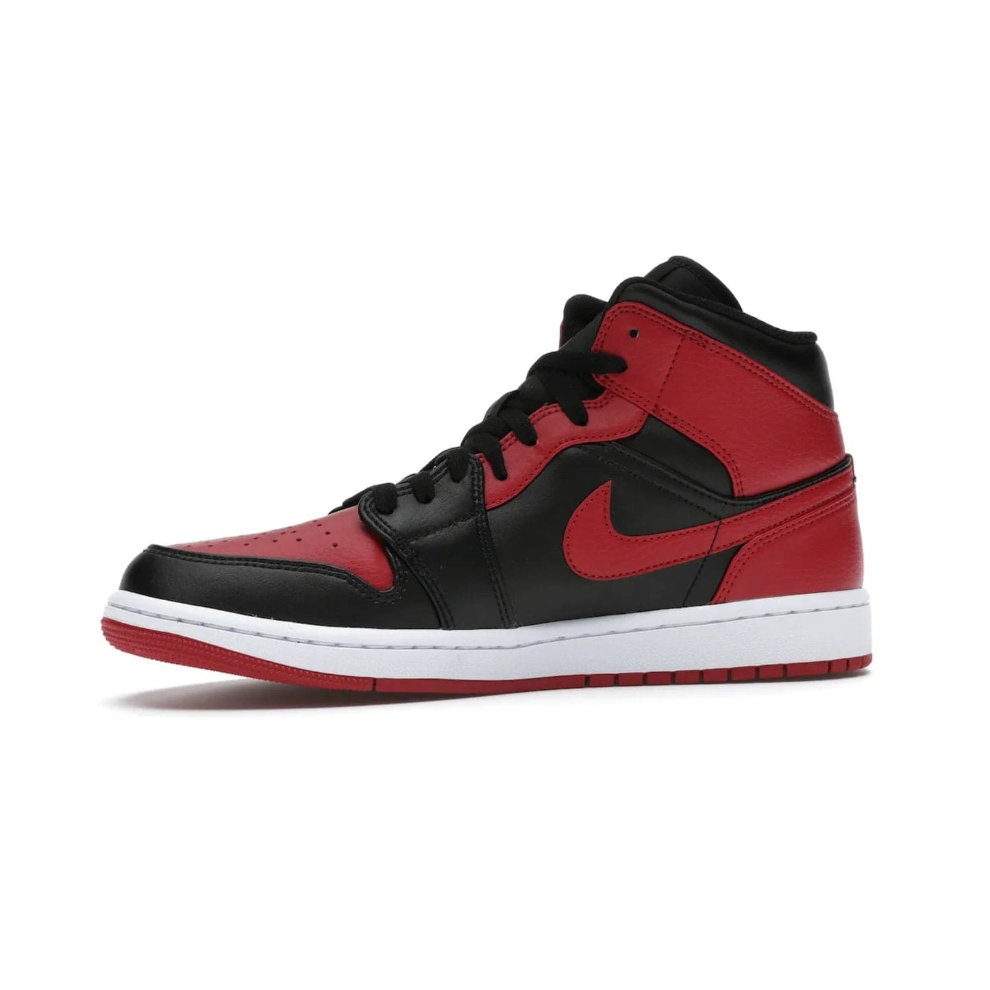 Jordan 1 Mid Banned (2020) - Image 17 - Only at www.BallersClubKickz.com - The Air Jordan 1 Mid Banned (2020) brings a modern twist to the classic Banned colorway. Features full-grain black and red leather uppers, red leather around the toe, collar, heel, & Swoosh. Release November 2021 for $110.