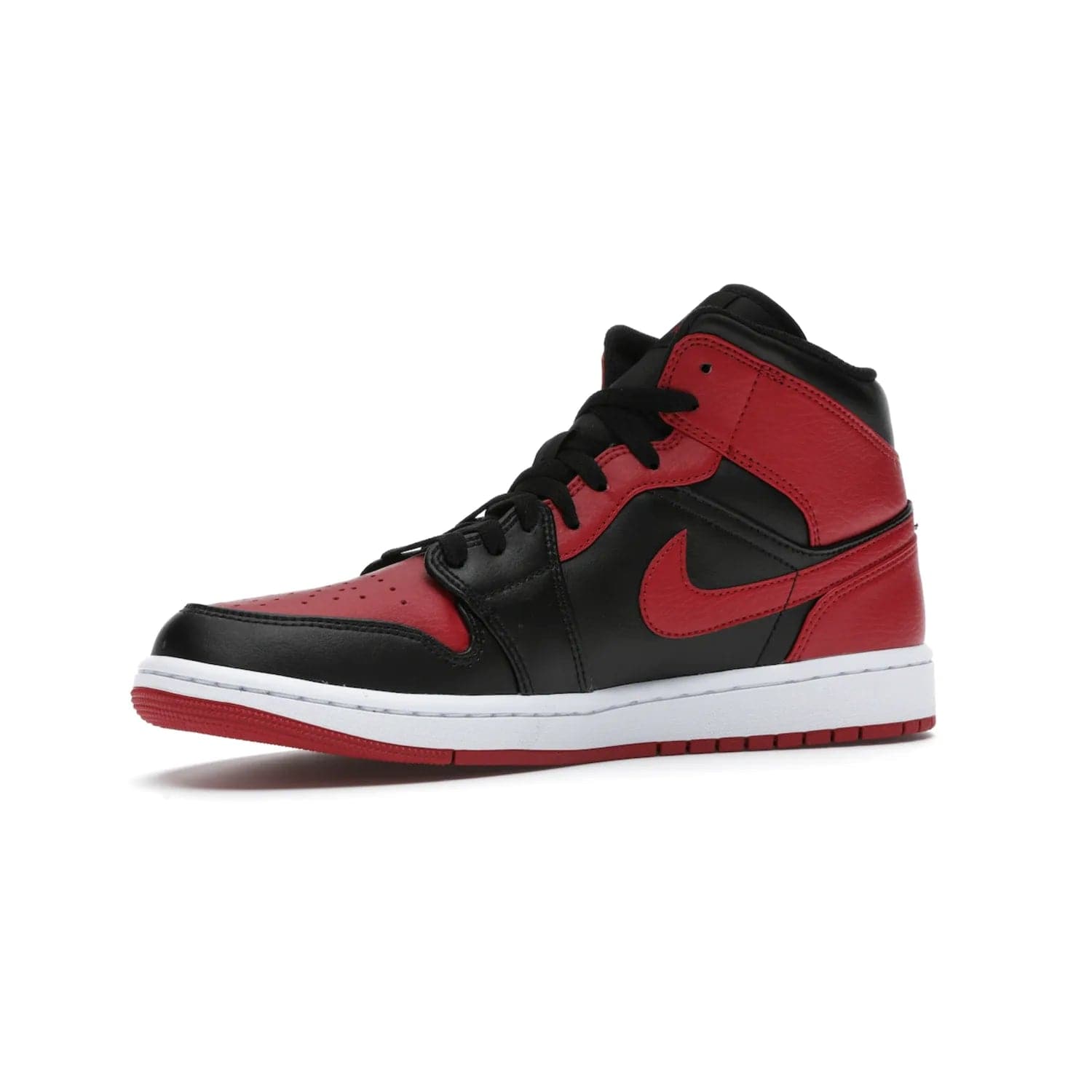 Jordan 1 Mid Banned (2020) - Image 16 - Only at www.BallersClubKickz.com - The Air Jordan 1 Mid Banned (2020) brings a modern twist to the classic Banned colorway. Features full-grain black and red leather uppers, red leather around the toe, collar, heel, & Swoosh. Release November 2021 for $110.