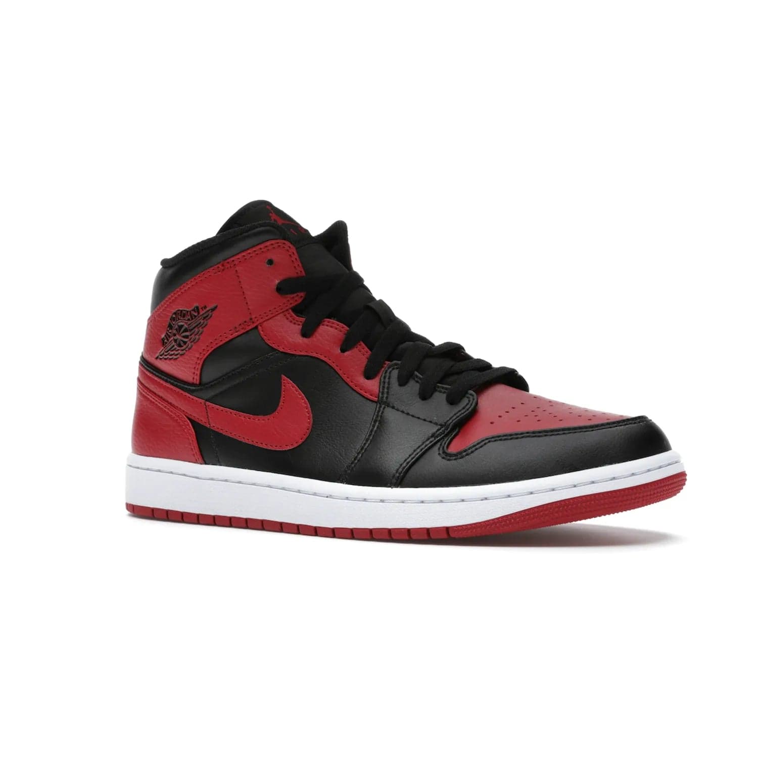 Jordan 1 Mid Banned (2020) - Image 4 - Only at www.BallersClubKickz.com - The Air Jordan 1 Mid Banned (2020) brings a modern twist to the classic Banned colorway. Features full-grain black and red leather uppers, red leather around the toe, collar, heel, & Swoosh. Release November 2021 for $110.