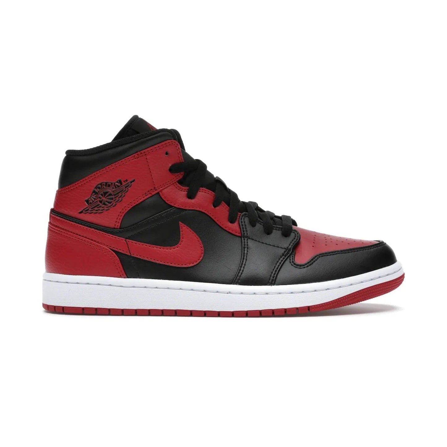 Jordan 1 Mid Banned (2020) - Image 1 - Only at www.BallersClubKickz.com - The Air Jordan 1 Mid Banned (2020) brings a modern twist to the classic Banned colorway. Features full-grain black and red leather uppers, red leather around the toe, collar, heel, & Swoosh. Release November 2021 for $110.