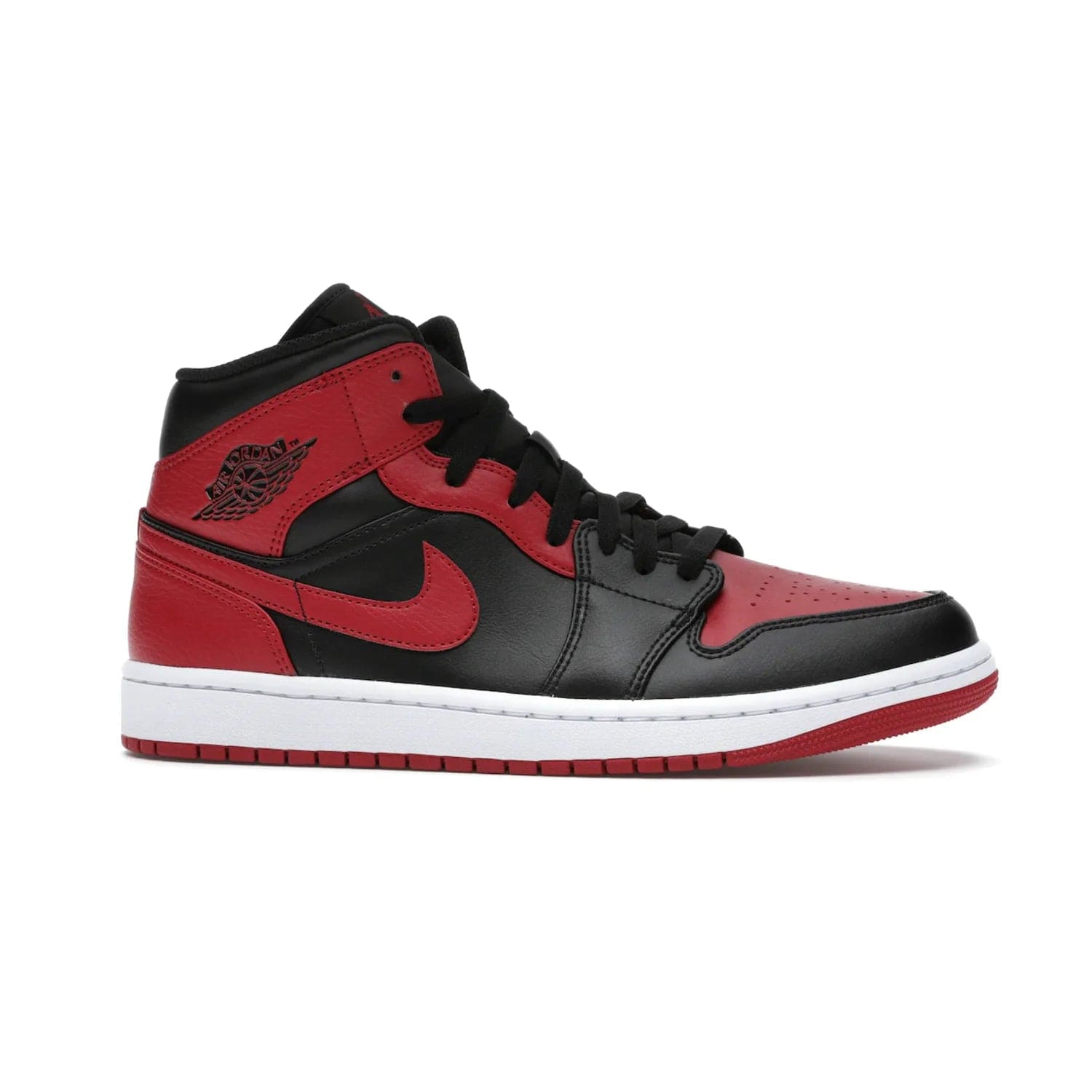 Jordan 1 Mid Banned (2020) - Image 2 - Only at www.BallersClubKickz.com - The Air Jordan 1 Mid Banned (2020) brings a modern twist to the classic Banned colorway. Features full-grain black and red leather uppers, red leather around the toe, collar, heel, & Swoosh. Release November 2021 for $110.