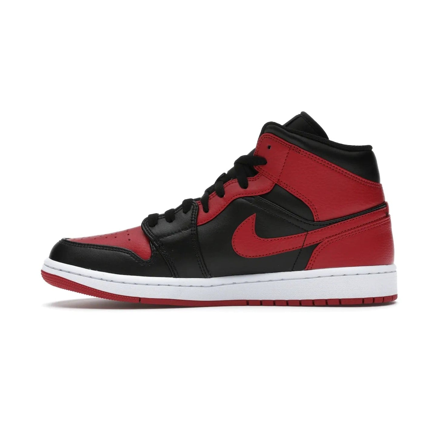 Jordan 1 Mid Banned (2020) - Image 19 - Only at www.BallersClubKickz.com - The Air Jordan 1 Mid Banned (2020) brings a modern twist to the classic Banned colorway. Features full-grain black and red leather uppers, red leather around the toe, collar, heel, & Swoosh. Release November 2021 for $110.