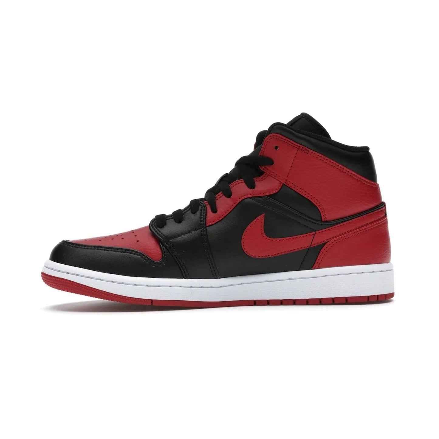 Jordan 1 Mid Banned (2020) - Image 18 - Only at www.BallersClubKickz.com - The Air Jordan 1 Mid Banned (2020) brings a modern twist to the classic Banned colorway. Features full-grain black and red leather uppers, red leather around the toe, collar, heel, & Swoosh. Release November 2021 for $110.