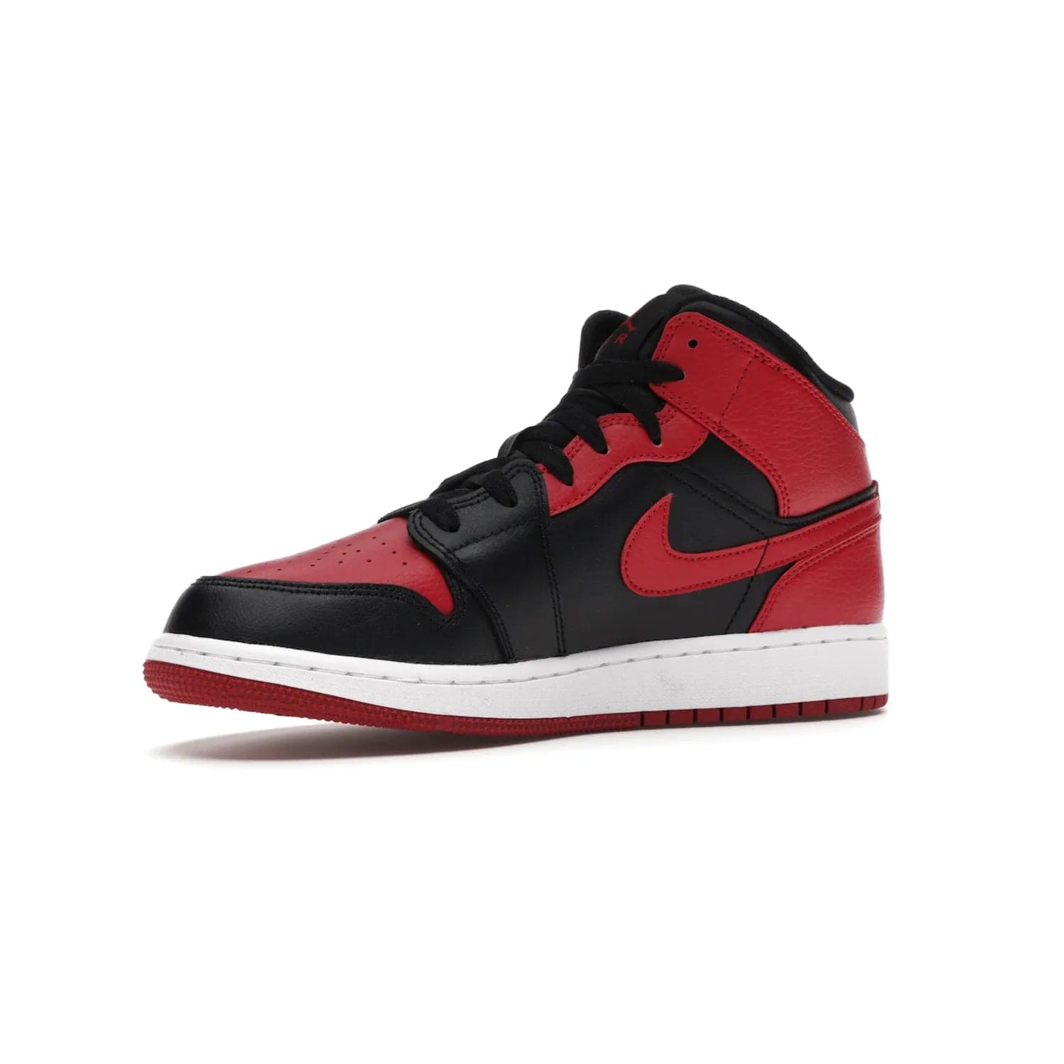 Jordan 1 Mid Banned (2020) (GS) - Image 16 - Only at www.BallersClubKickz.com - Introducing Kids Air Jordan 1 Mid Banned 2020: Michael Jordan's iconic signature shoe in a mid-top take with luxurious leather upper, black color palette & contrasting white midsole & red outsole. Released in Nov 2020 to wide fan reception.