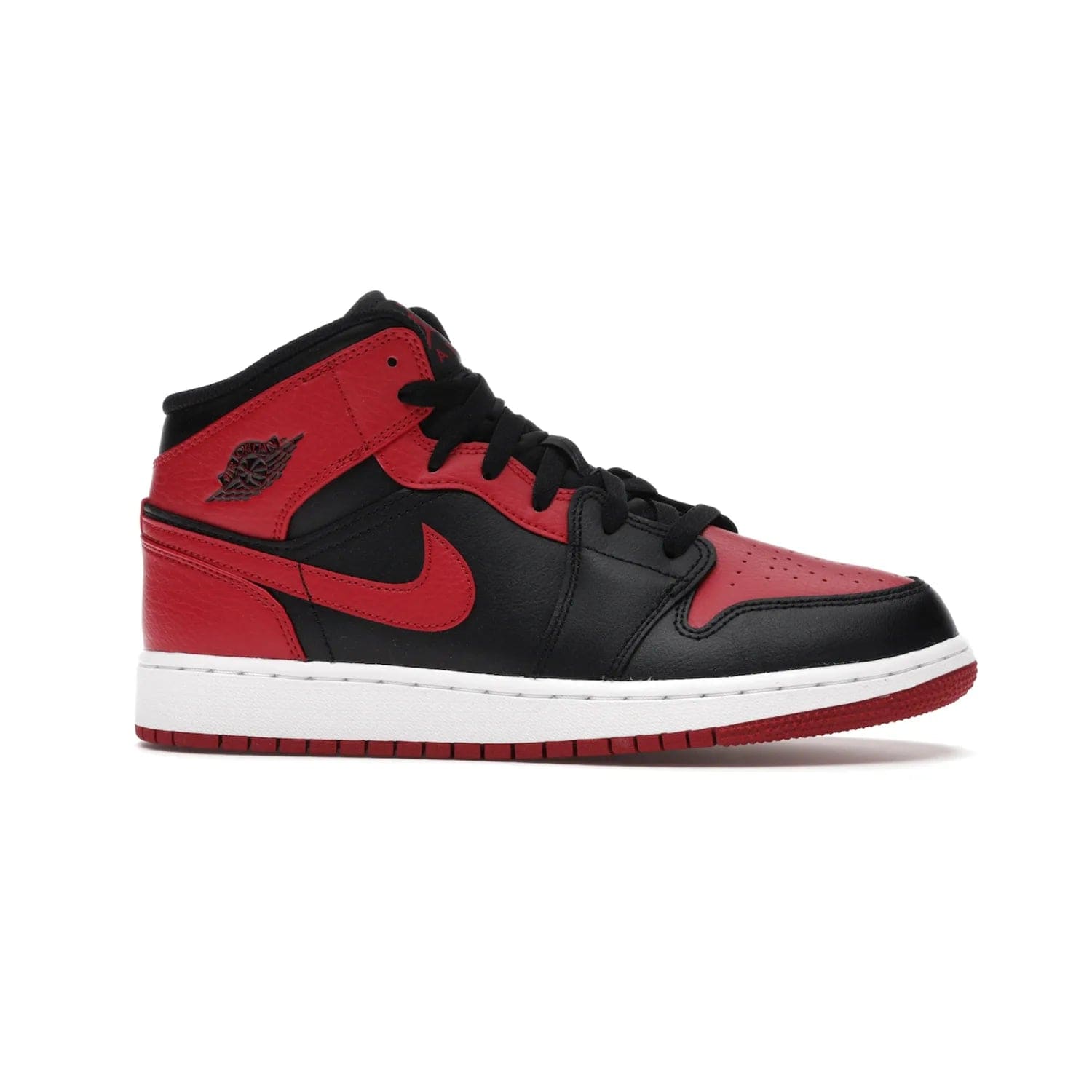 Jordan 1 Mid Banned (2020) (GS) - Image 2 - Only at www.BallersClubKickz.com - Introducing Kids Air Jordan 1 Mid Banned 2020: Michael Jordan's iconic signature shoe in a mid-top take with luxurious leather upper, black color palette & contrasting white midsole & red outsole. Released in Nov 2020 to wide fan reception.