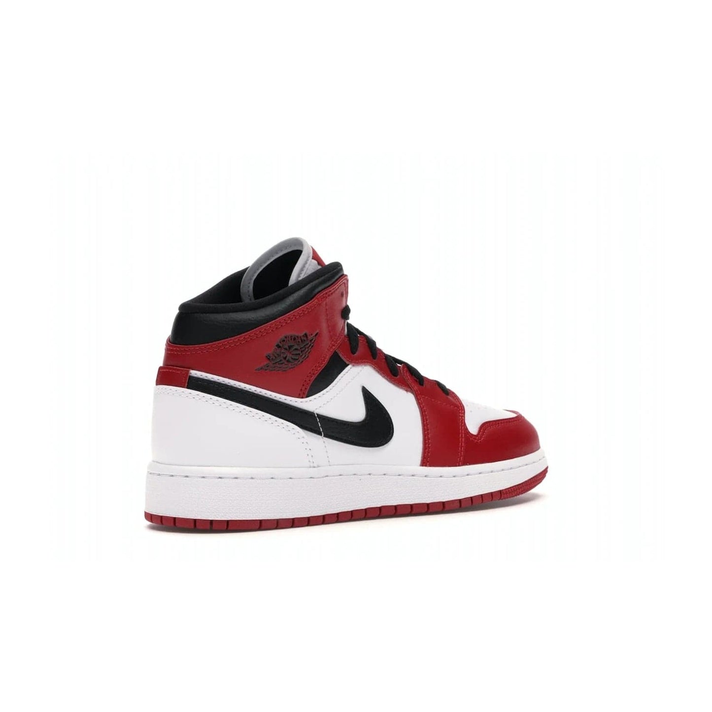 Jordan 1 Mid Chicago (2020) (GS) - Image 33 - Only at www.BallersClubKickz.com - The Kids Air Jordan 1 Mid Chicago 2020 is a stylish sneaker with classic Jordan features. White, red and black color scheme with iconic Wings and Swoosh logos, padded ankle support, white midsole with Air tech and black cotton laces. Sure to become an instant classic. July 2020 release.