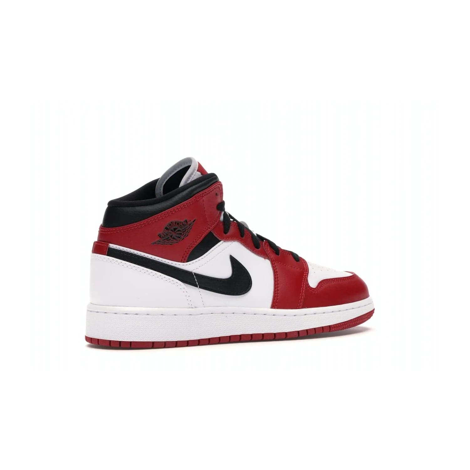 Jordan 1 Mid Chicago (2020) (GS) - Image 34 - Only at www.BallersClubKickz.com - The Kids Air Jordan 1 Mid Chicago 2020 is a stylish sneaker with classic Jordan features. White, red and black color scheme with iconic Wings and Swoosh logos, padded ankle support, white midsole with Air tech and black cotton laces. Sure to become an instant classic. July 2020 release.