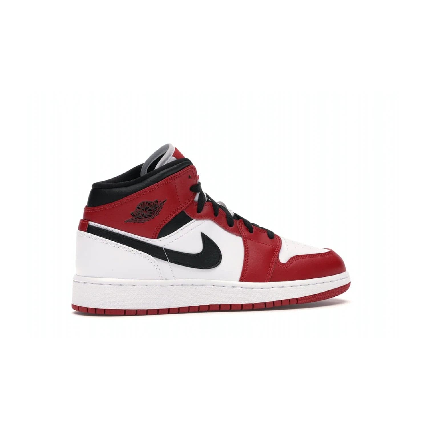 Jordan 1 Mid Chicago (2020) (GS) - Image 35 - Only at www.BallersClubKickz.com - The Kids Air Jordan 1 Mid Chicago 2020 is a stylish sneaker with classic Jordan features. White, red and black color scheme with iconic Wings and Swoosh logos, padded ankle support, white midsole with Air tech and black cotton laces. Sure to become an instant classic. July 2020 release.