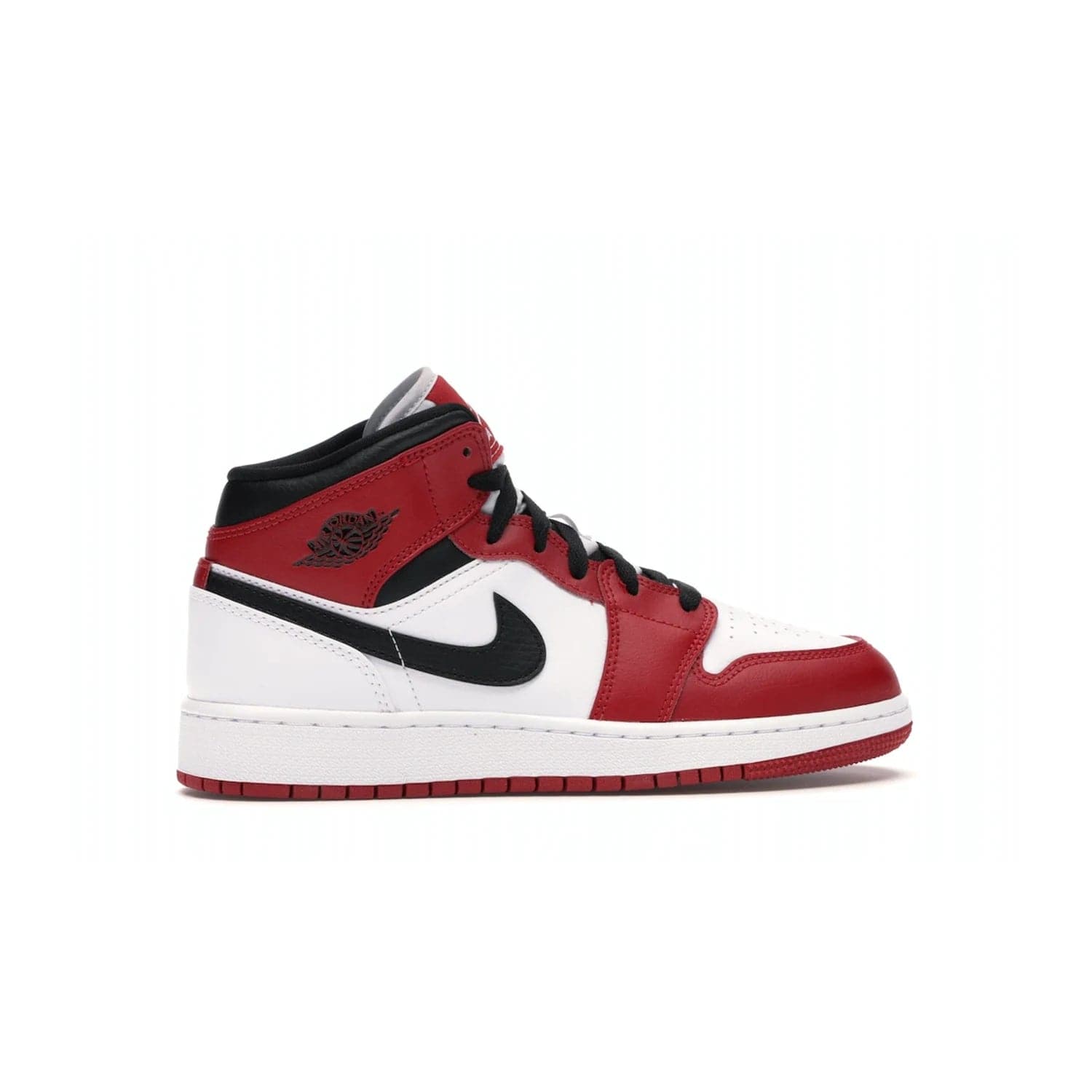 Jordan 1 Mid Chicago (2020) (GS) - Image 36 - Only at www.BallersClubKickz.com - The Kids Air Jordan 1 Mid Chicago 2020 is a stylish sneaker with classic Jordan features. White, red and black color scheme with iconic Wings and Swoosh logos, padded ankle support, white midsole with Air tech and black cotton laces. Sure to become an instant classic. July 2020 release.