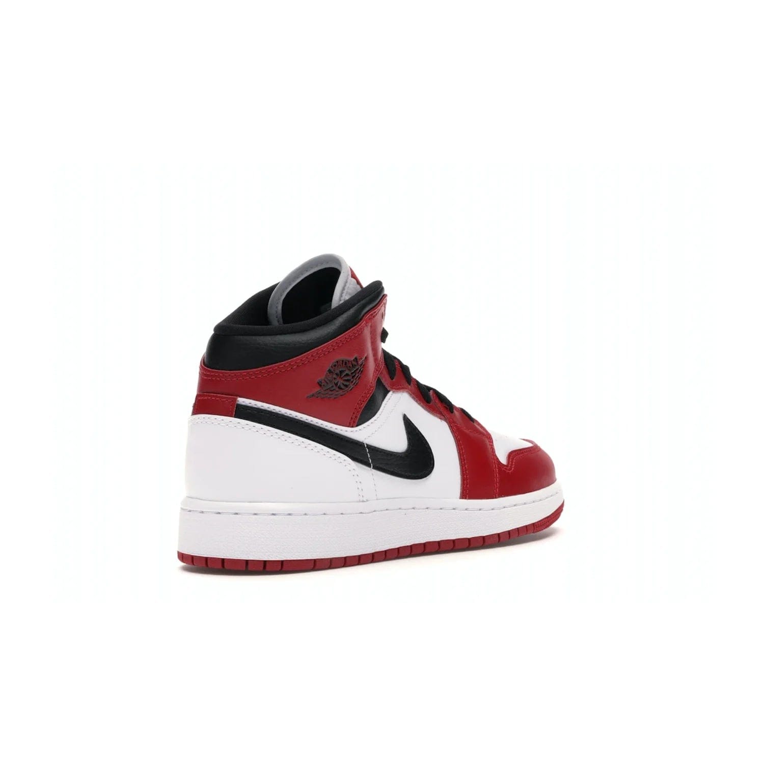 Jordan 1 Mid Chicago (2020) (GS) - Image 32 - Only at www.BallersClubKickz.com - The Kids Air Jordan 1 Mid Chicago 2020 is a stylish sneaker with classic Jordan features. White, red and black color scheme with iconic Wings and Swoosh logos, padded ankle support, white midsole with Air tech and black cotton laces. Sure to become an instant classic. July 2020 release.