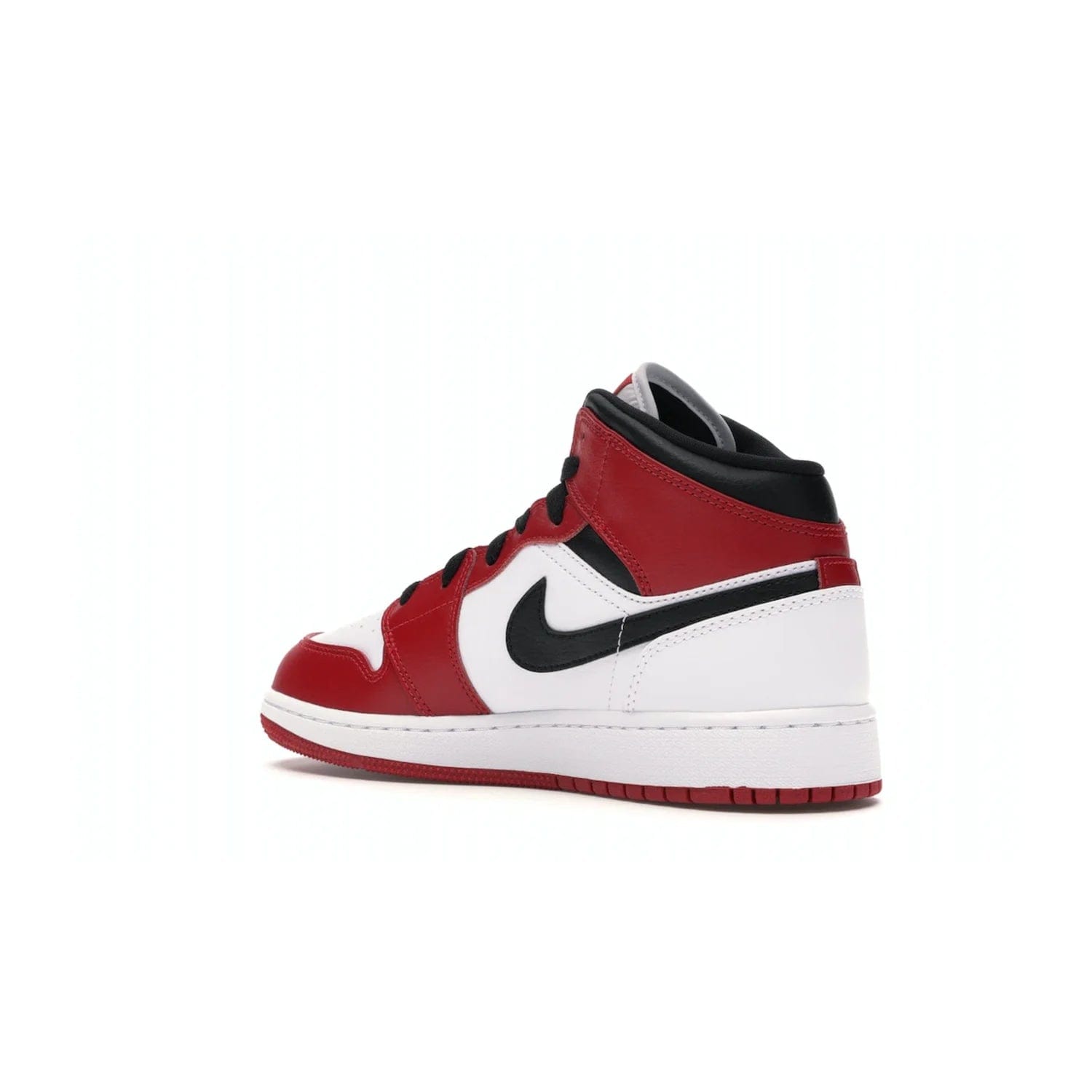 Jordan 1 Mid Chicago (2020) (GS) - Image 23 - Only at www.BallersClubKickz.com - The Kids Air Jordan 1 Mid Chicago 2020 is a stylish sneaker with classic Jordan features. White, red and black color scheme with iconic Wings and Swoosh logos, padded ankle support, white midsole with Air tech and black cotton laces. Sure to become an instant classic. July 2020 release.