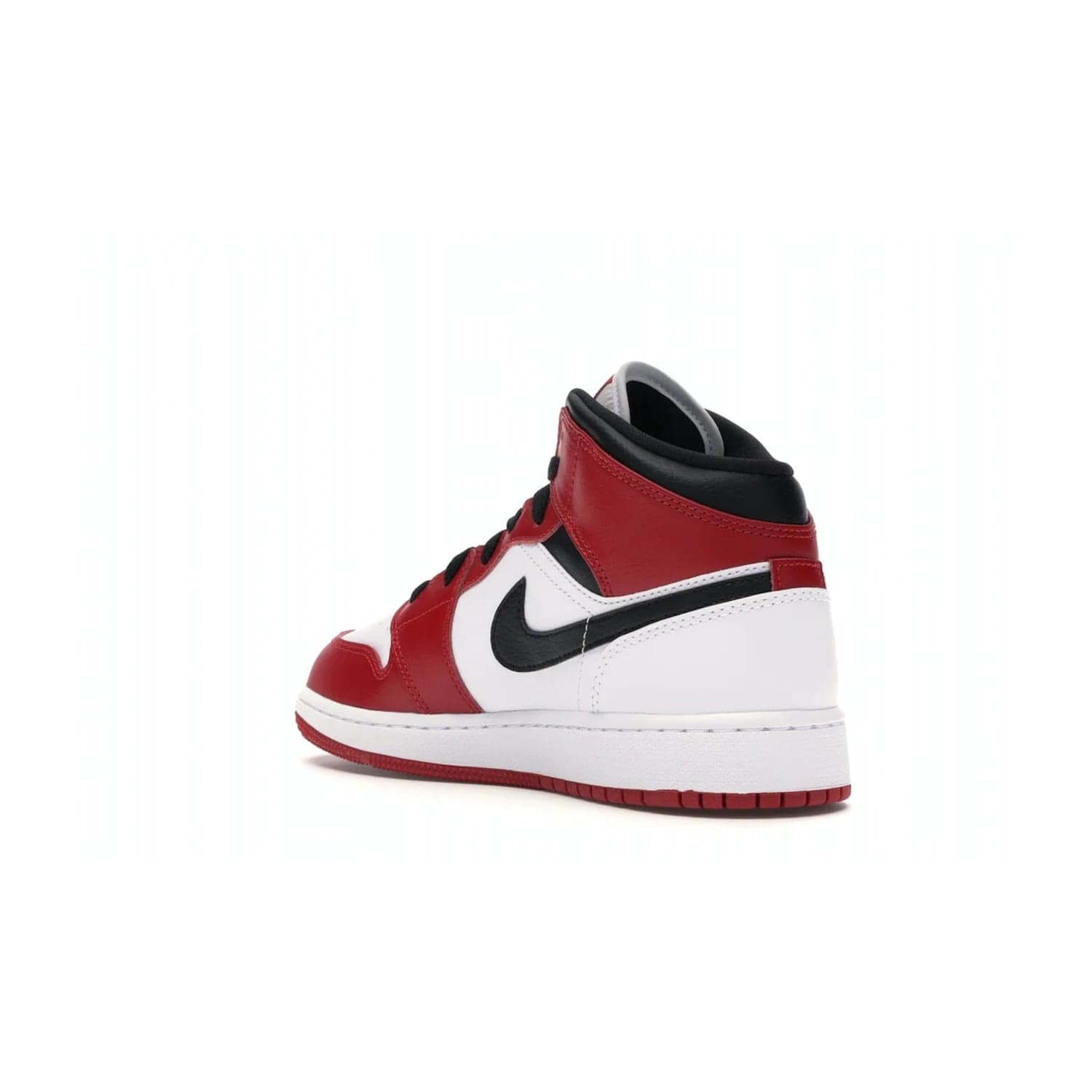 Jordan 1 Mid Chicago (2020) (GS) - Image 24 - Only at www.BallersClubKickz.com - The Kids Air Jordan 1 Mid Chicago 2020 is a stylish sneaker with classic Jordan features. White, red and black color scheme with iconic Wings and Swoosh logos, padded ankle support, white midsole with Air tech and black cotton laces. Sure to become an instant classic. July 2020 release.