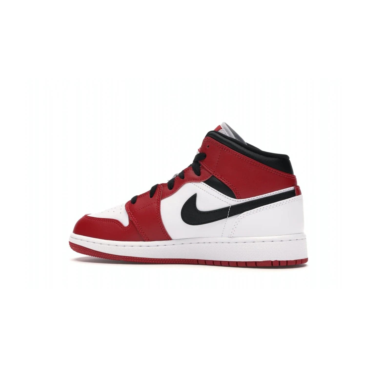 Jordan 1 Mid Chicago (2020) (GS) - Image 21 - Only at www.BallersClubKickz.com - The Kids Air Jordan 1 Mid Chicago 2020 is a stylish sneaker with classic Jordan features. White, red and black color scheme with iconic Wings and Swoosh logos, padded ankle support, white midsole with Air tech and black cotton laces. Sure to become an instant classic. July 2020 release.