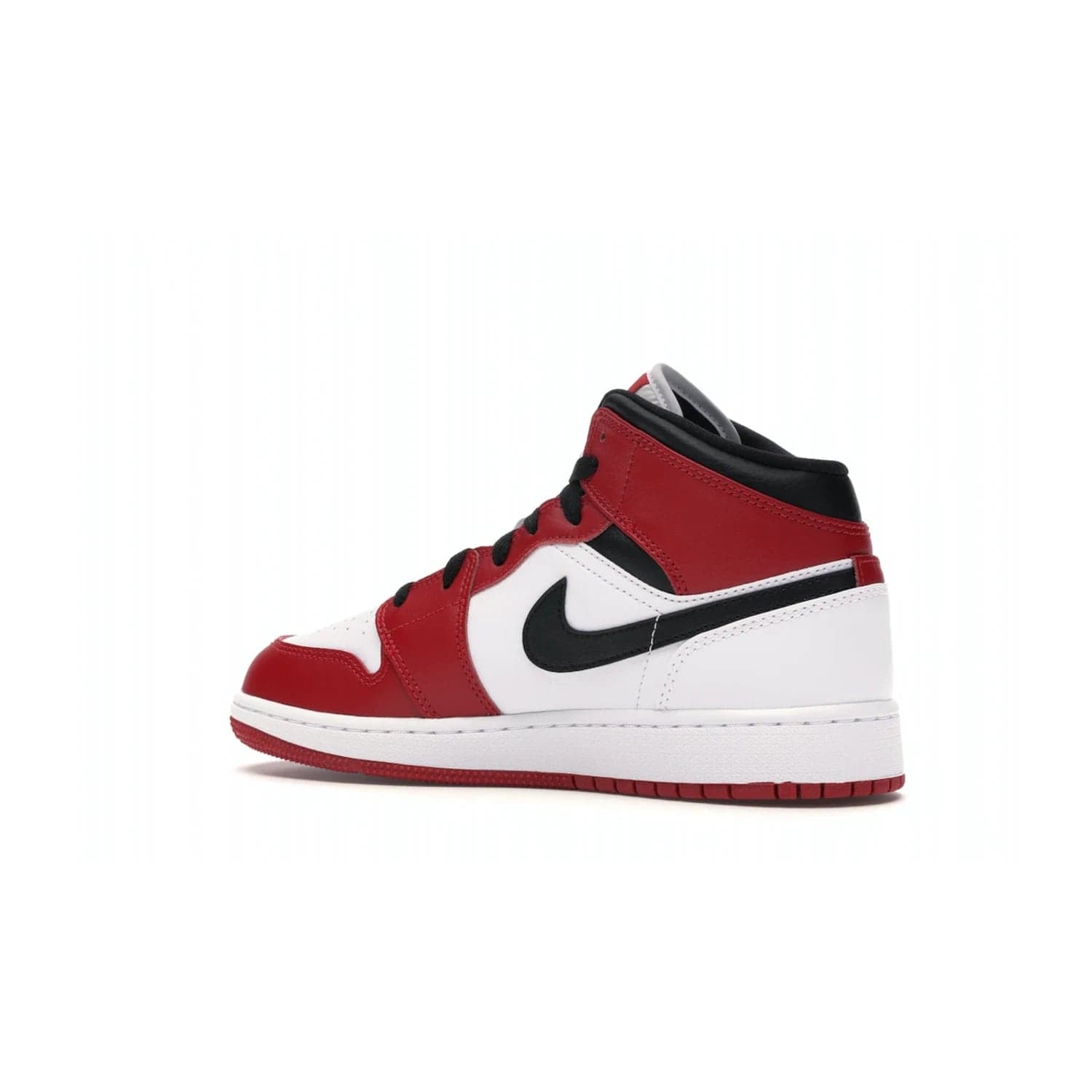 Jordan 1 Mid Chicago (2020) (GS) - Image 22 - Only at www.BallersClubKickz.com - The Kids Air Jordan 1 Mid Chicago 2020 is a stylish sneaker with classic Jordan features. White, red and black color scheme with iconic Wings and Swoosh logos, padded ankle support, white midsole with Air tech and black cotton laces. Sure to become an instant classic. July 2020 release.