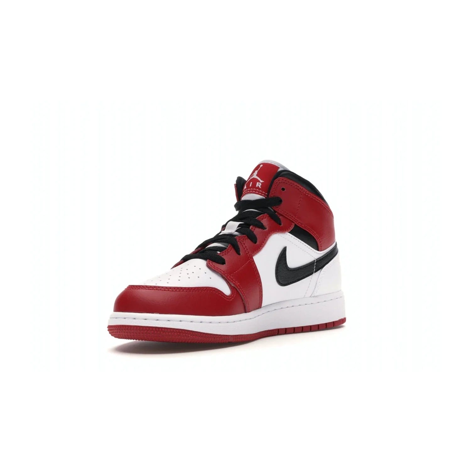 Jordan 1 Mid Chicago (2020) (GS) - Image 14 - Only at www.BallersClubKickz.com - The Kids Air Jordan 1 Mid Chicago 2020 is a stylish sneaker with classic Jordan features. White, red and black color scheme with iconic Wings and Swoosh logos, padded ankle support, white midsole with Air tech and black cotton laces. Sure to become an instant classic. July 2020 release.