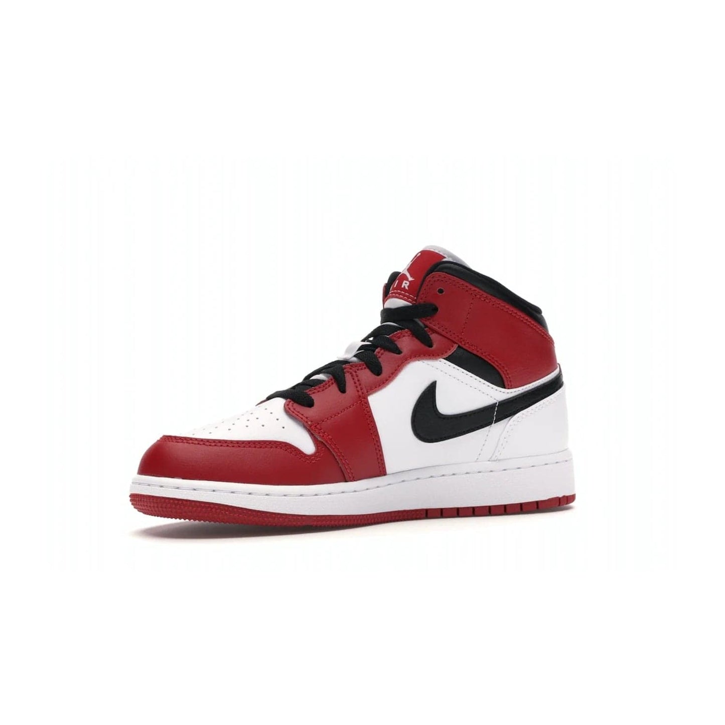 Jordan 1 Mid Chicago (2020) (GS) - Image 16 - Only at www.BallersClubKickz.com - The Kids Air Jordan 1 Mid Chicago 2020 is a stylish sneaker with classic Jordan features. White, red and black color scheme with iconic Wings and Swoosh logos, padded ankle support, white midsole with Air tech and black cotton laces. Sure to become an instant classic. July 2020 release.