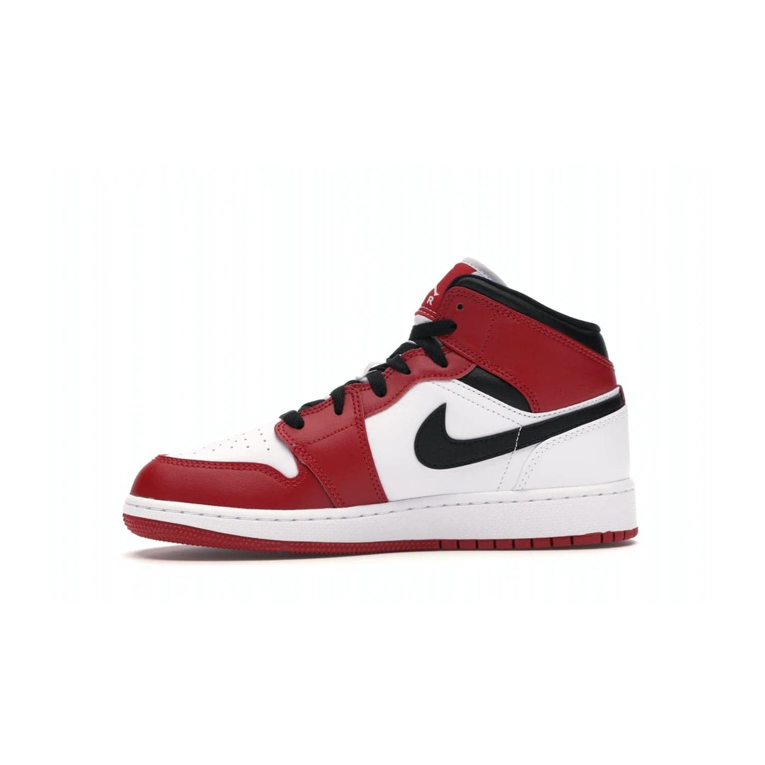 Jordan 1 Mid Chicago (2020) (GS) - Image 18 - Only at www.BallersClubKickz.com - The Kids Air Jordan 1 Mid Chicago 2020 is a stylish sneaker with classic Jordan features. White, red and black color scheme with iconic Wings and Swoosh logos, padded ankle support, white midsole with Air tech and black cotton laces. Sure to become an instant classic. July 2020 release.