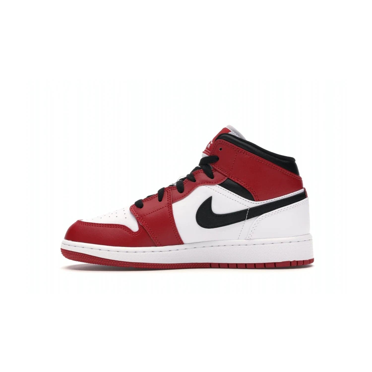 Jordan 1 Mid Chicago (2020) (GS) - Image 19 - Only at www.BallersClubKickz.com - The Kids Air Jordan 1 Mid Chicago 2020 is a stylish sneaker with classic Jordan features. White, red and black color scheme with iconic Wings and Swoosh logos, padded ankle support, white midsole with Air tech and black cotton laces. Sure to become an instant classic. July 2020 release.