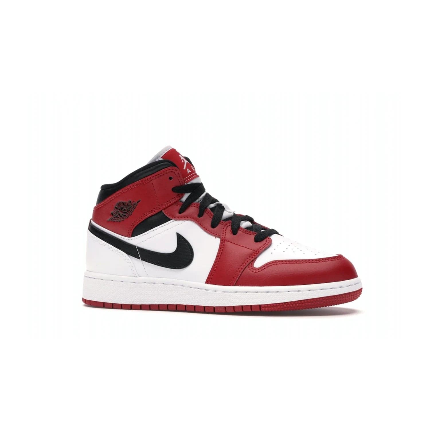 Jordan 1 Mid Chicago (2020) (GS) - Image 3 - Only at www.BallersClubKickz.com - The Kids Air Jordan 1 Mid Chicago 2020 is a stylish sneaker with classic Jordan features. White, red and black color scheme with iconic Wings and Swoosh logos, padded ankle support, white midsole with Air tech and black cotton laces. Sure to become an instant classic. July 2020 release.