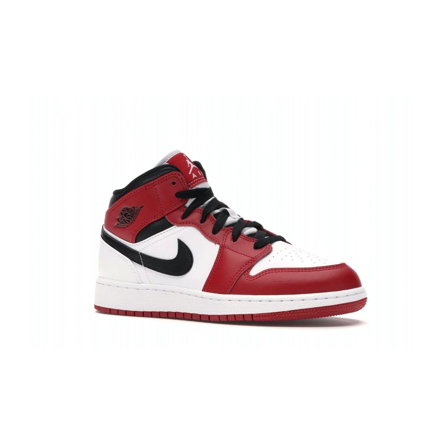 Jordan 1 Mid Chicago (2020) (GS) - Image 4 - Only at www.BallersClubKickz.com - The Kids Air Jordan 1 Mid Chicago 2020 is a stylish sneaker with classic Jordan features. White, red and black color scheme with iconic Wings and Swoosh logos, padded ankle support, white midsole with Air tech and black cotton laces. Sure to become an instant classic. July 2020 release.