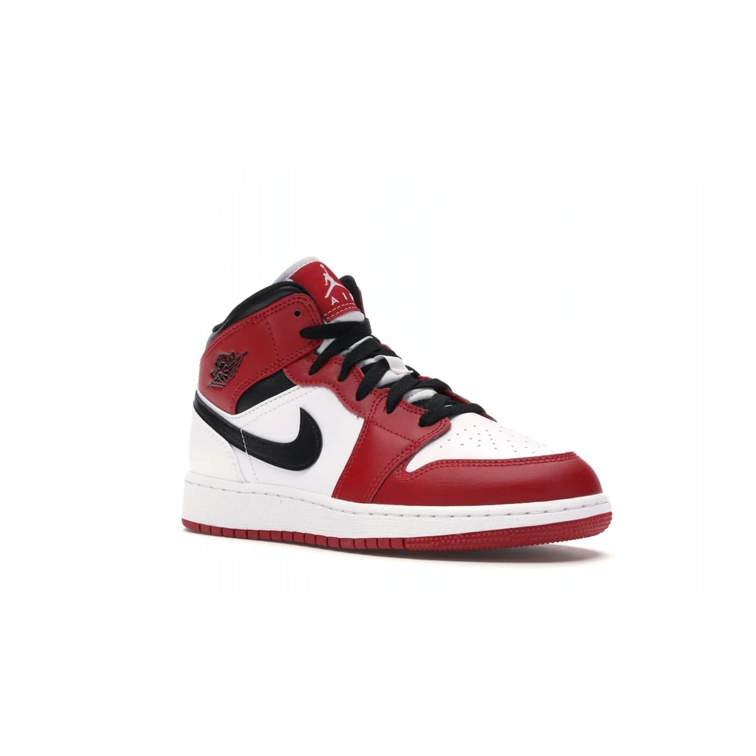 Jordan 1 Mid Chicago (2020) (GS) - Image 5 - Only at www.BallersClubKickz.com - The Kids Air Jordan 1 Mid Chicago 2020 is a stylish sneaker with classic Jordan features. White, red and black color scheme with iconic Wings and Swoosh logos, padded ankle support, white midsole with Air tech and black cotton laces. Sure to become an instant classic. July 2020 release.