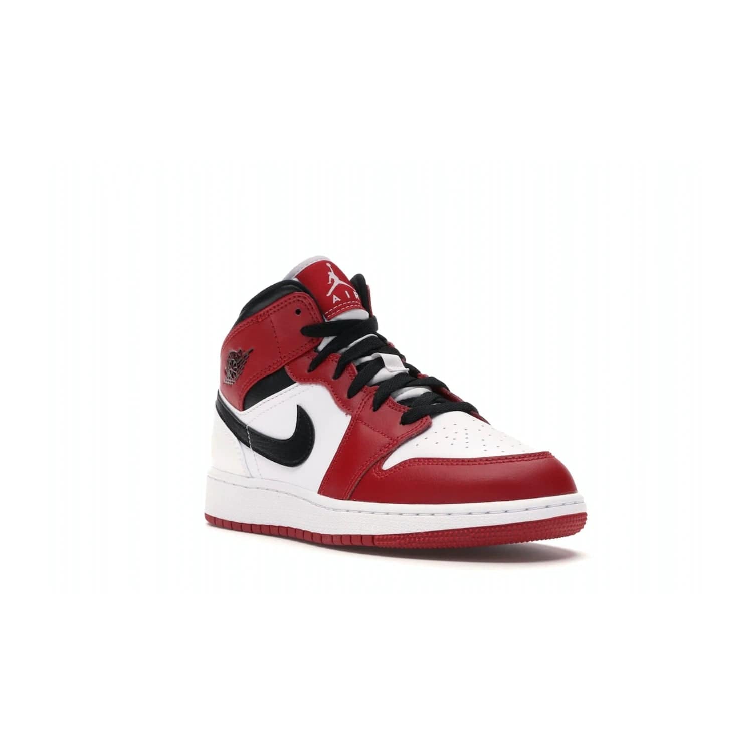 Jordan 1 Mid Chicago (2020) (GS) - Image 6 - Only at www.BallersClubKickz.com - The Kids Air Jordan 1 Mid Chicago 2020 is a stylish sneaker with classic Jordan features. White, red and black color scheme with iconic Wings and Swoosh logos, padded ankle support, white midsole with Air tech and black cotton laces. Sure to become an instant classic. July 2020 release.