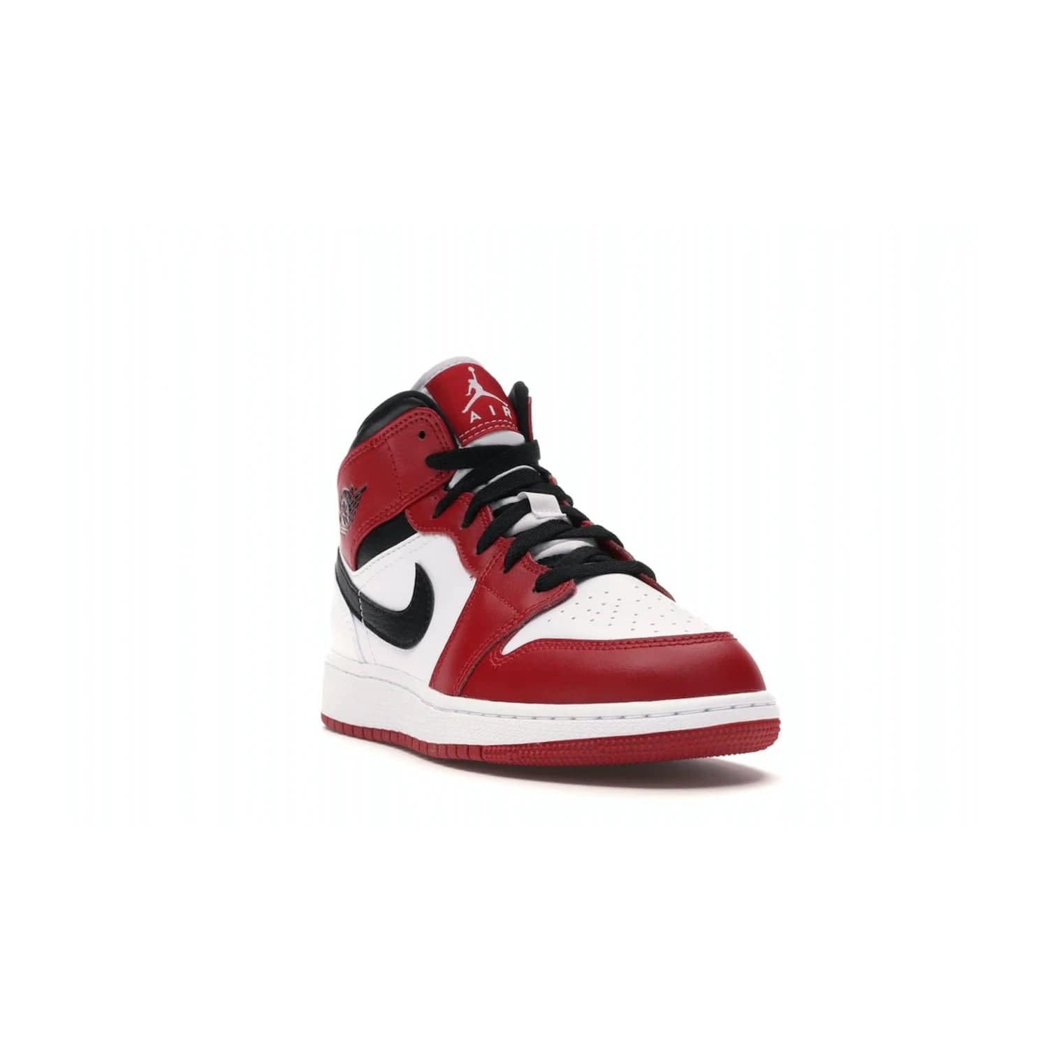 Jordan 1 Mid Chicago (2020) (GS) - Image 7 - Only at www.BallersClubKickz.com - The Kids Air Jordan 1 Mid Chicago 2020 is a stylish sneaker with classic Jordan features. White, red and black color scheme with iconic Wings and Swoosh logos, padded ankle support, white midsole with Air tech and black cotton laces. Sure to become an instant classic. July 2020 release.